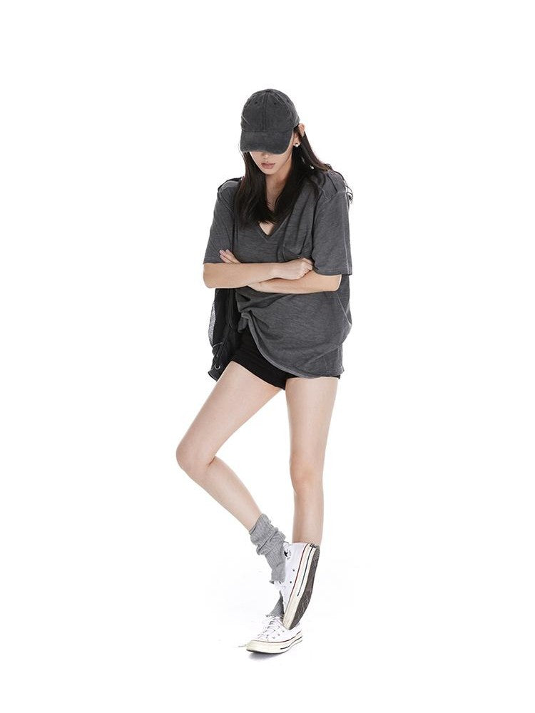 itsdinn Washed V-neck Short Sleeve Solid Loose Women&