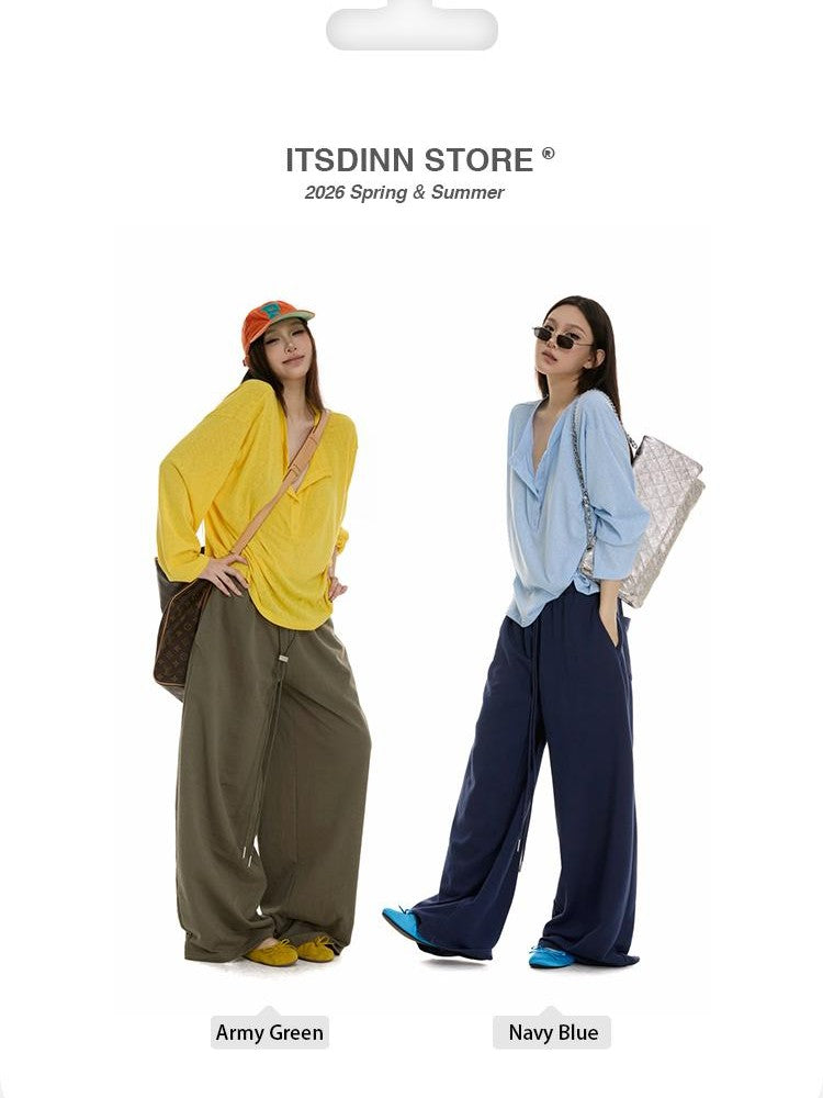 itsdinn Woven Drawstring Metal Buckle Elastic Waist Women&