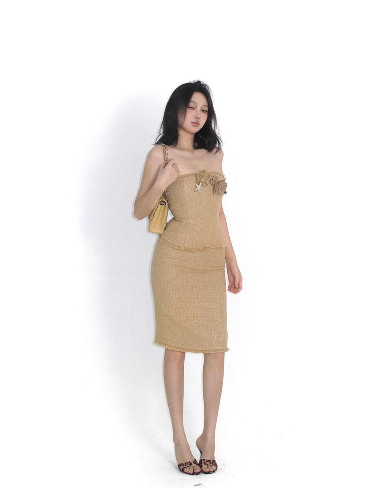 itsdinn Woven Strapless Bustier A Line Knee Skirt Women&