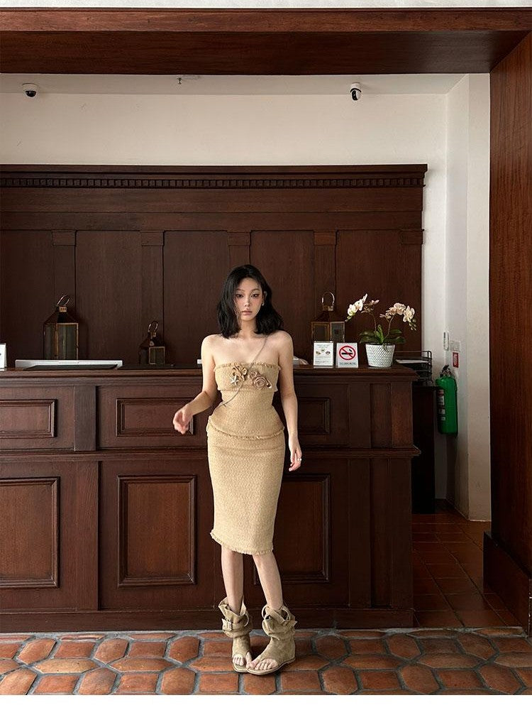 itsdinn Woven Strapless Bustier A Line Knee Skirt Women&