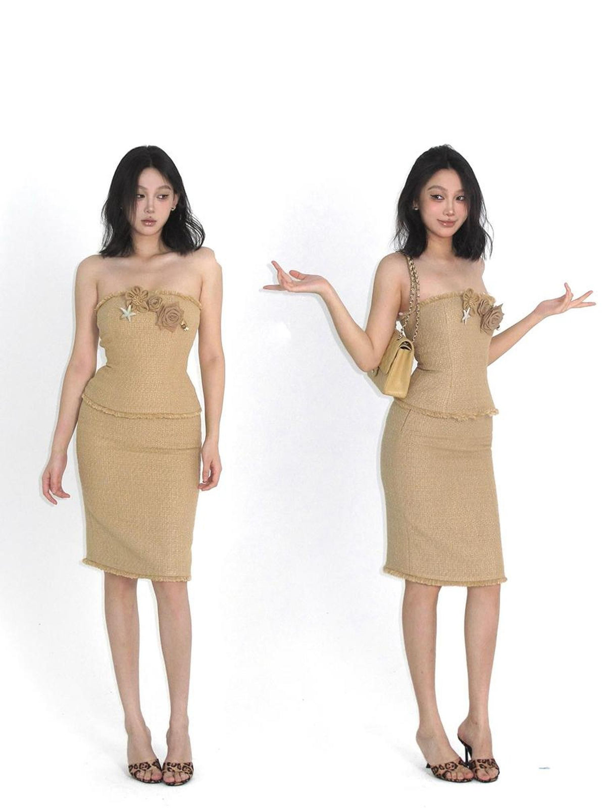 itsdinn Woven Strapless Bustier A Line Knee Skirt Women&