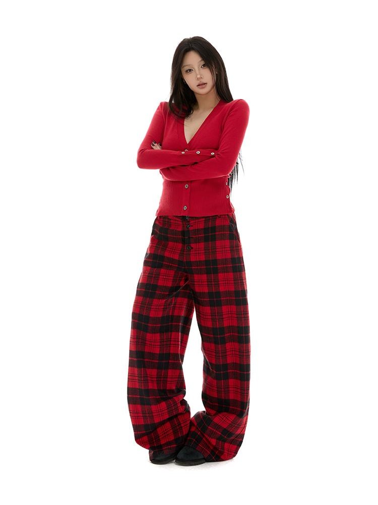 itsdinn Yarn Dyed Red Plaid Retro Low Rise Women&