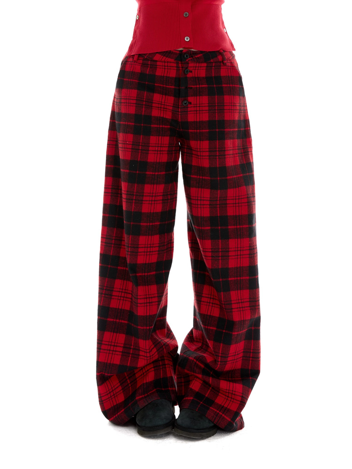 itsdinn Yarn Dyed Red Plaid Retro Low Rise Women&