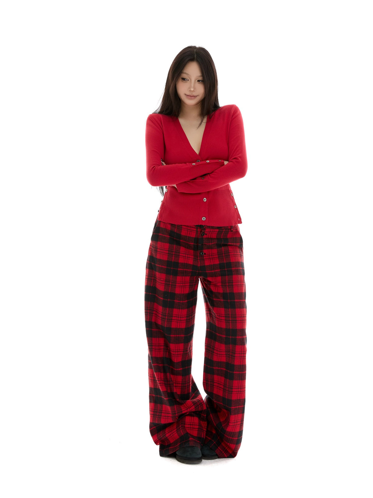 itsdinn Yarn Dyed Red Plaid Retro Low Rise Women&