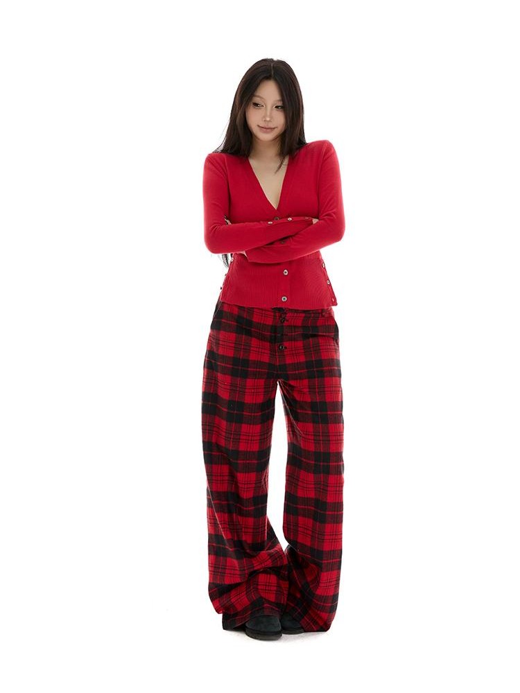itsdinn Yarn Dyed Red Plaid Retro Low Rise Women&