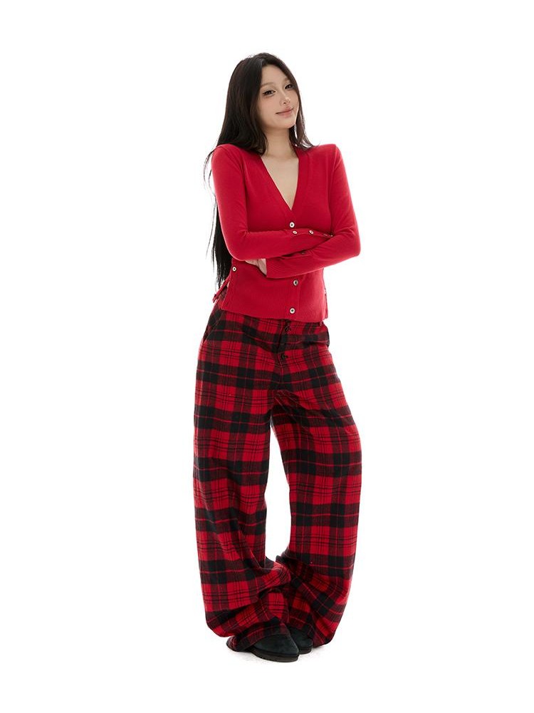 itsdinn Yarn Dyed Red Plaid Retro Low Rise Women&