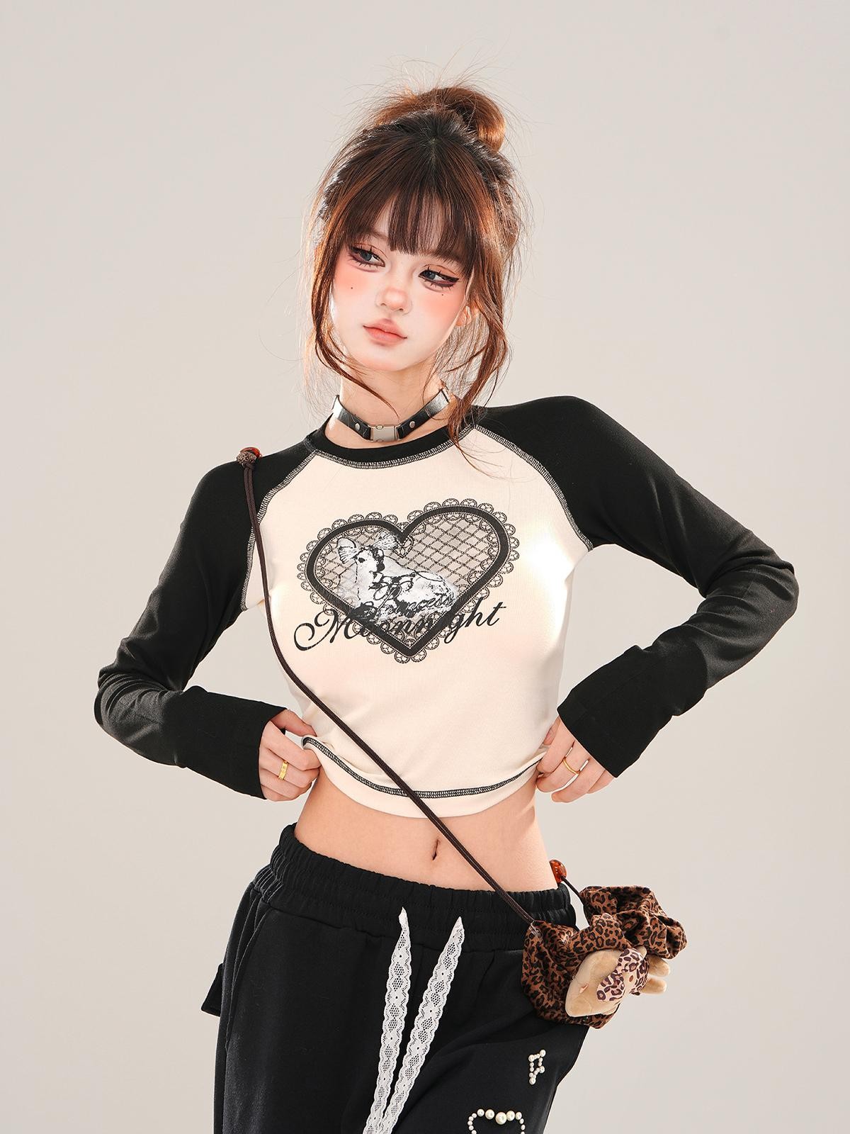 kelly kitty Animal Print Crew Neck Raglan Women&