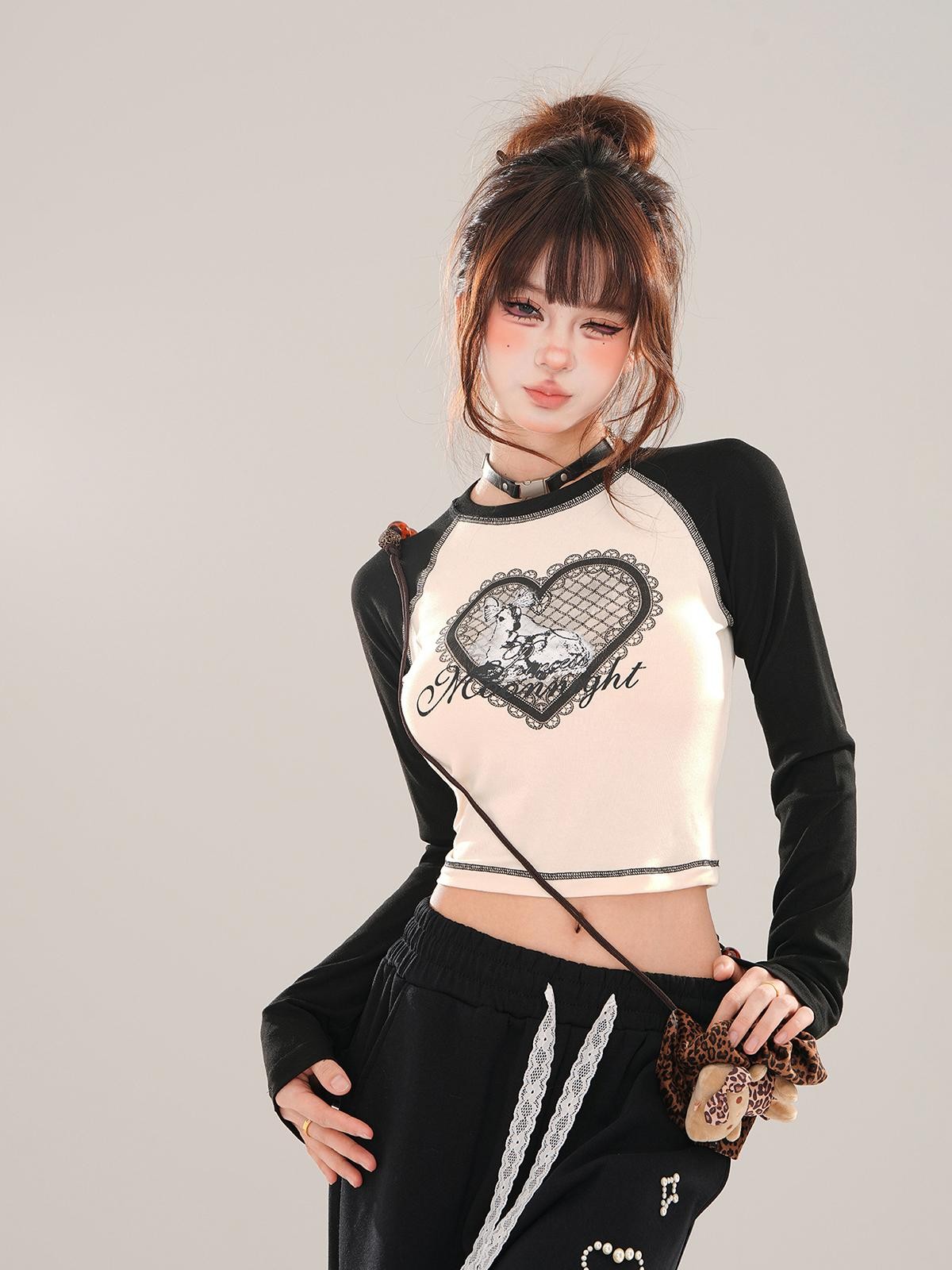 kelly kitty Animal Print Crew Neck Raglan Women&