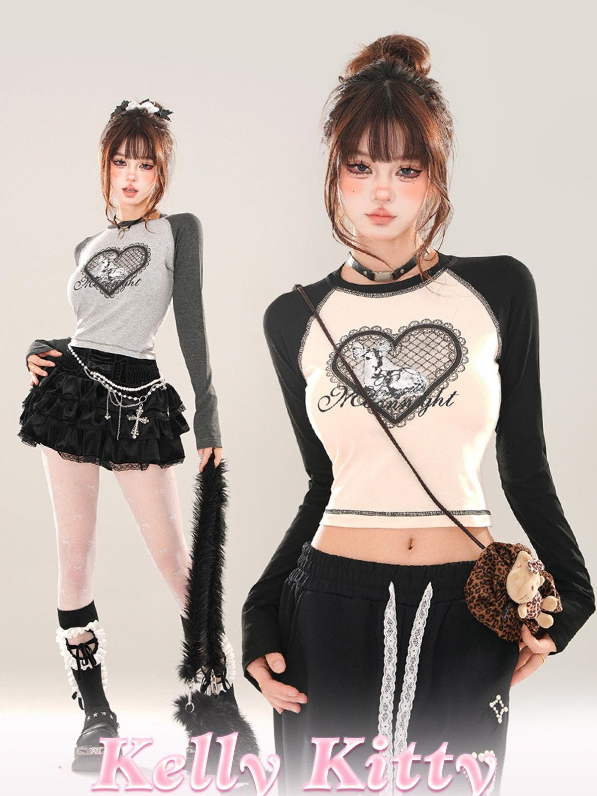 kelly kitty Animal Print Crew Neck Raglan Women&