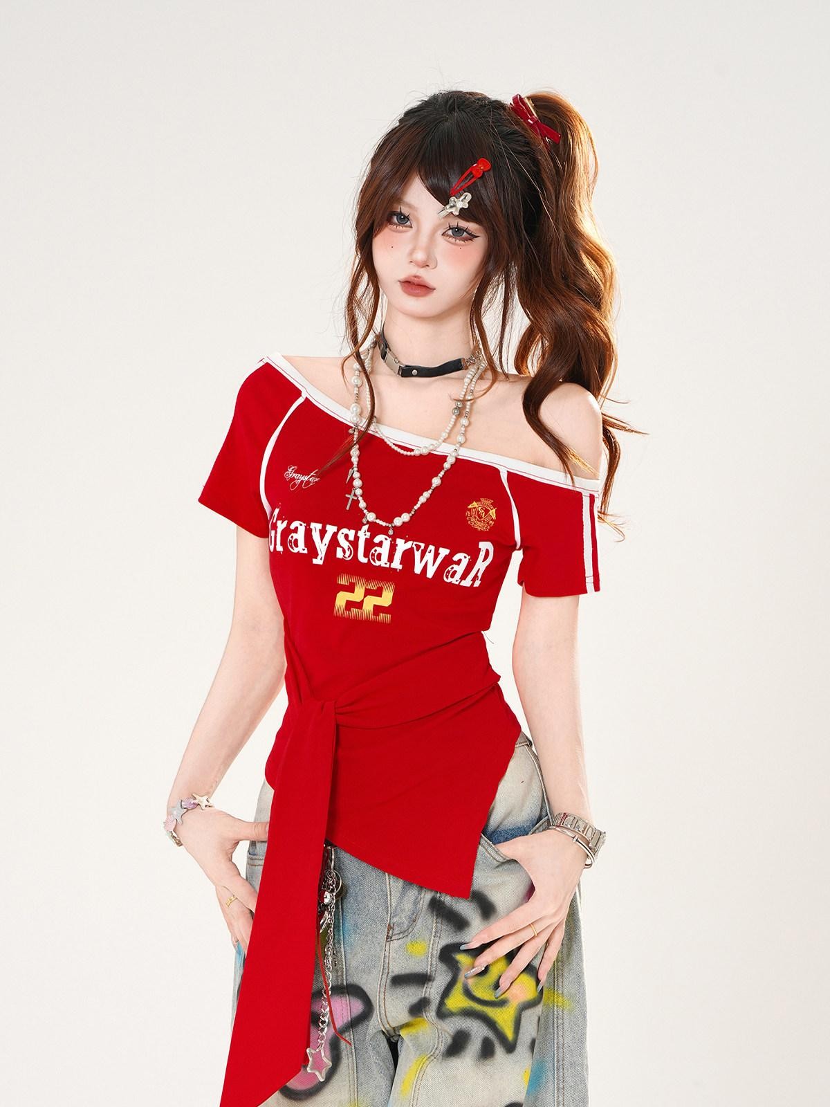 kelly kitty Asymmetric Shoulder Waist Cinch Slim Sleeve Women&