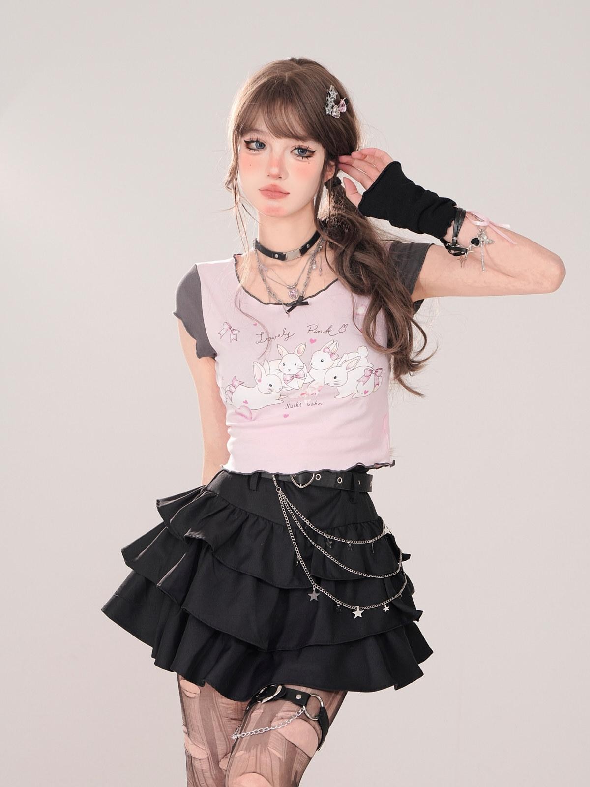 kelly kitty Black Puffy Cake A Line High Waist Mini Women&