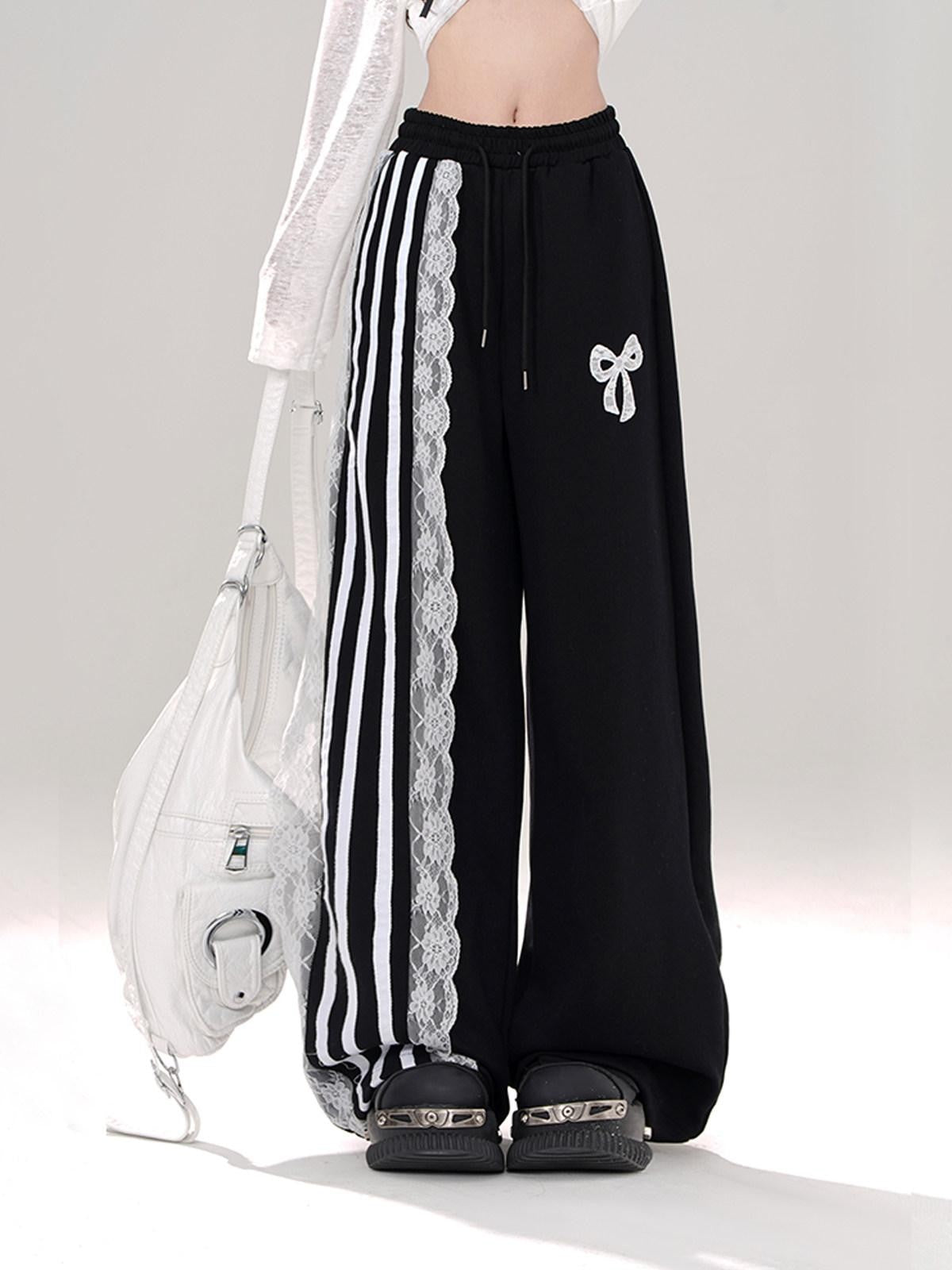 kelly kitty Black Sporty Ballet Lace Striped Straight Relaxed Women&