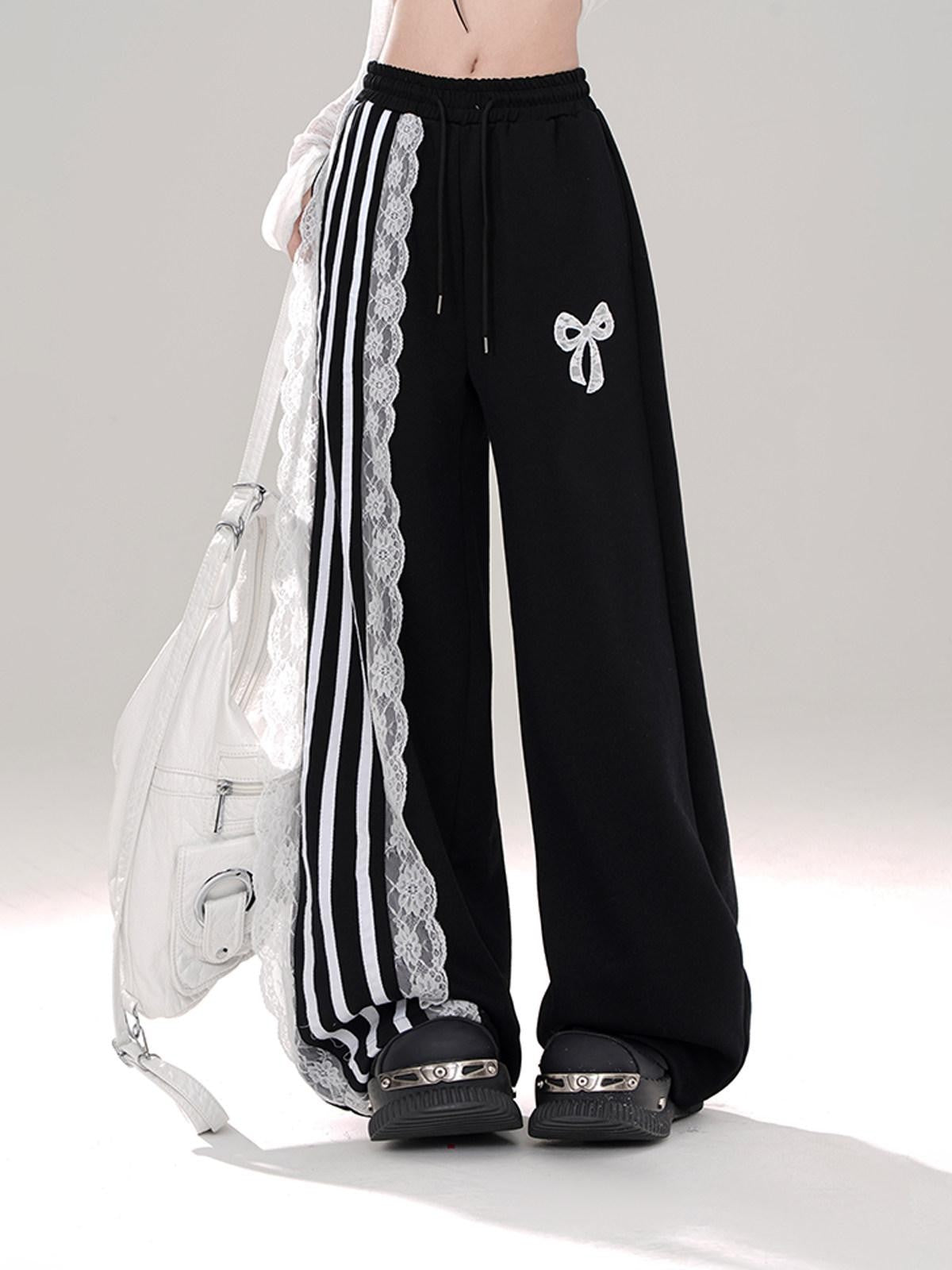 kelly kitty Black Sporty Ballet Lace Striped Straight Relaxed Women&