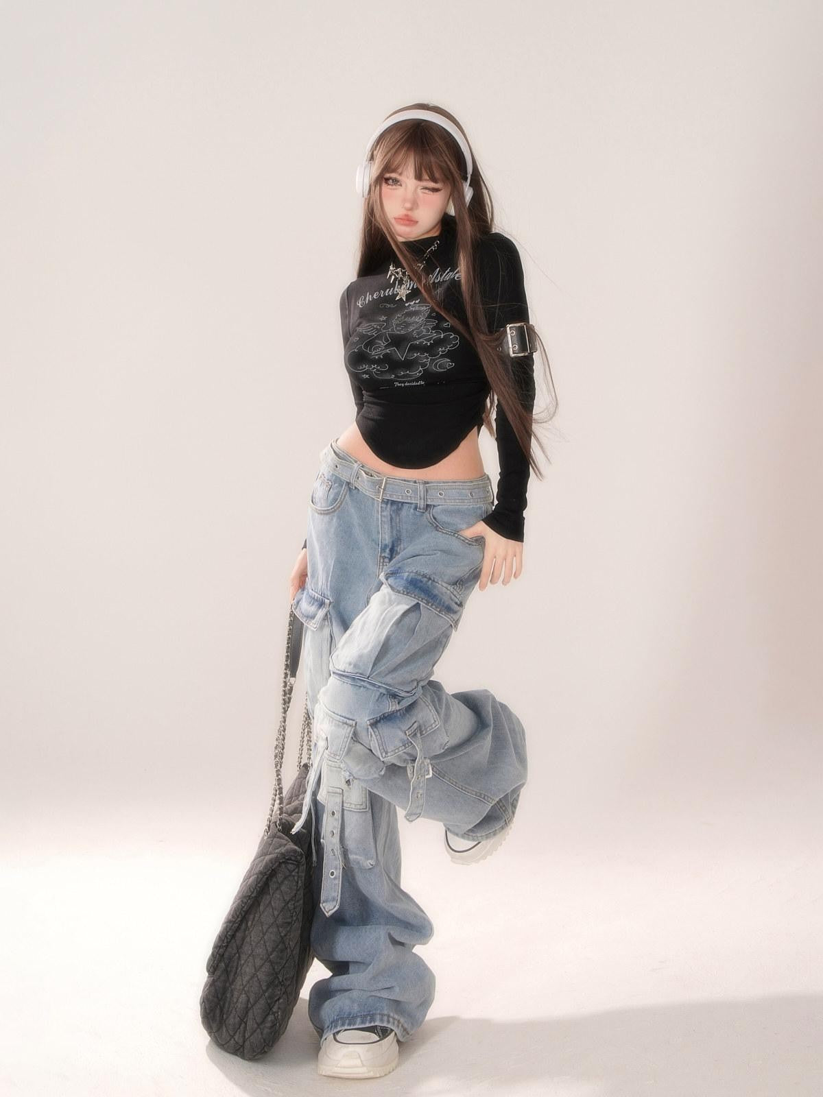 kelly kitty Blue Gradient Cheese Print Multiple Pockets Cargo Women&