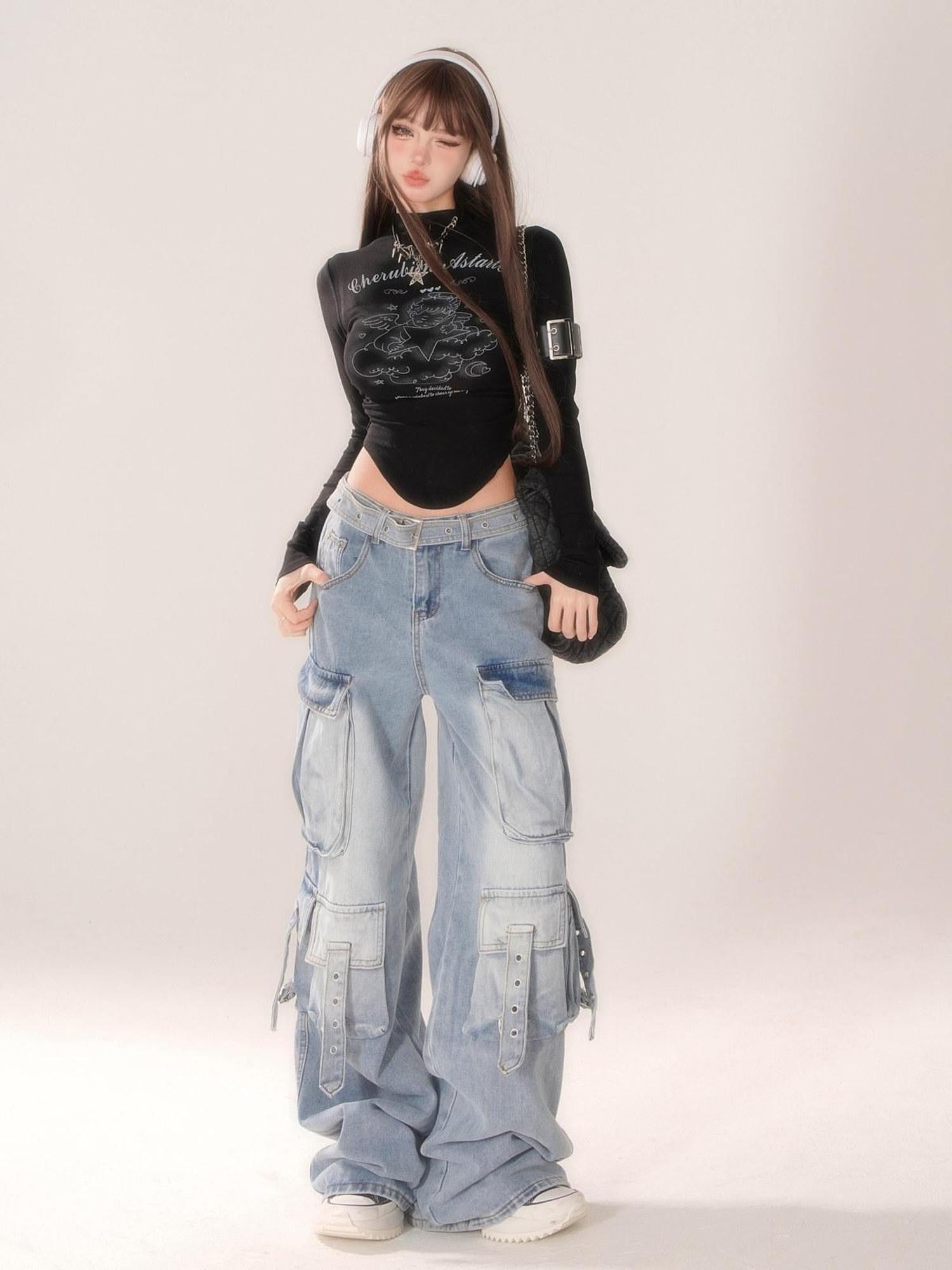 kelly kitty Blue Gradient Cheese Print Multiple Pockets Cargo Women&
