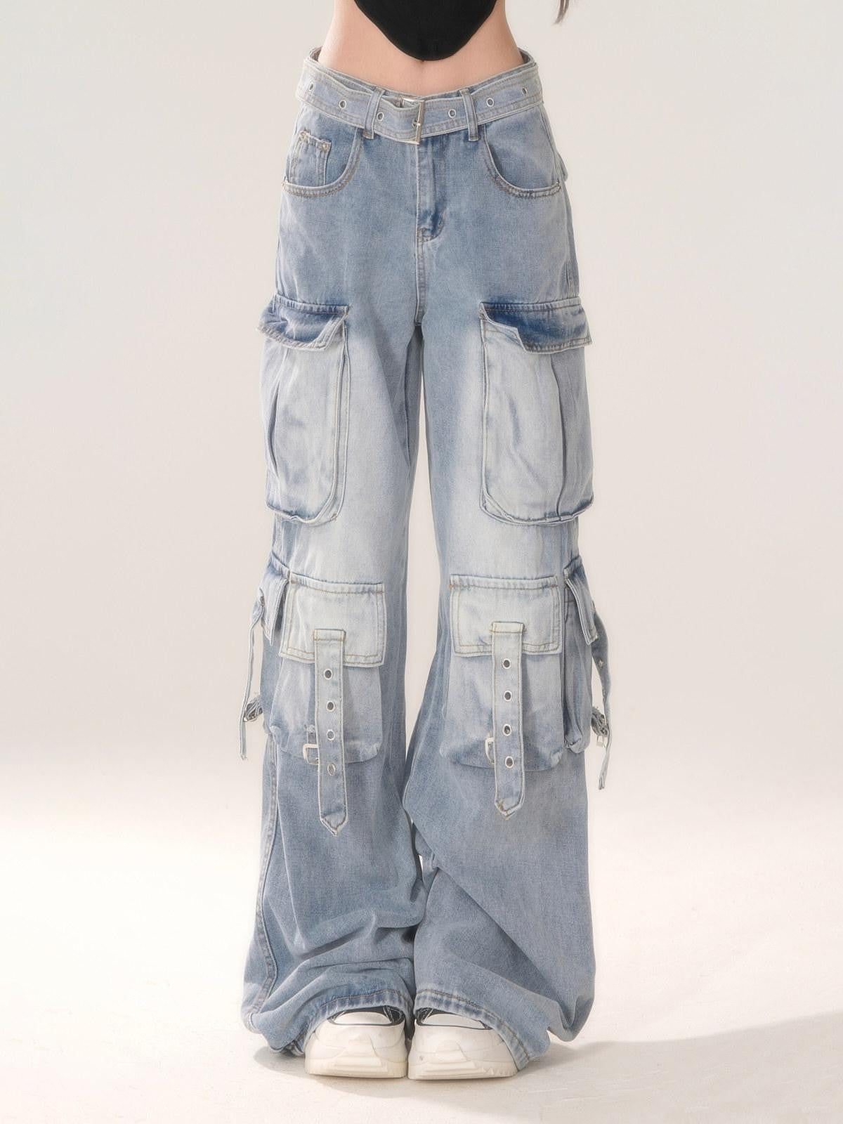 kelly kitty Blue Gradient Cheese Print Multiple Pockets Cargo Women&