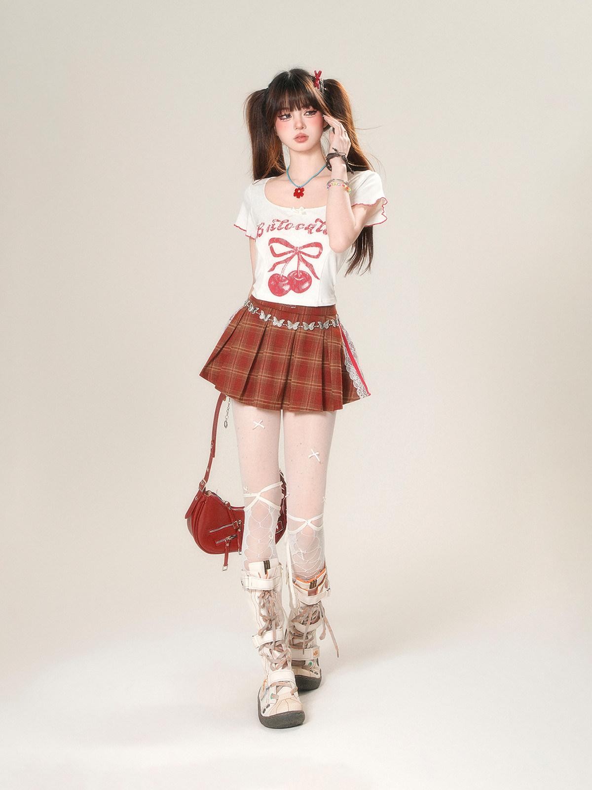 kelly kitty Cherry Print Slim Fit Straight Shoulder Short Sleeve Women&