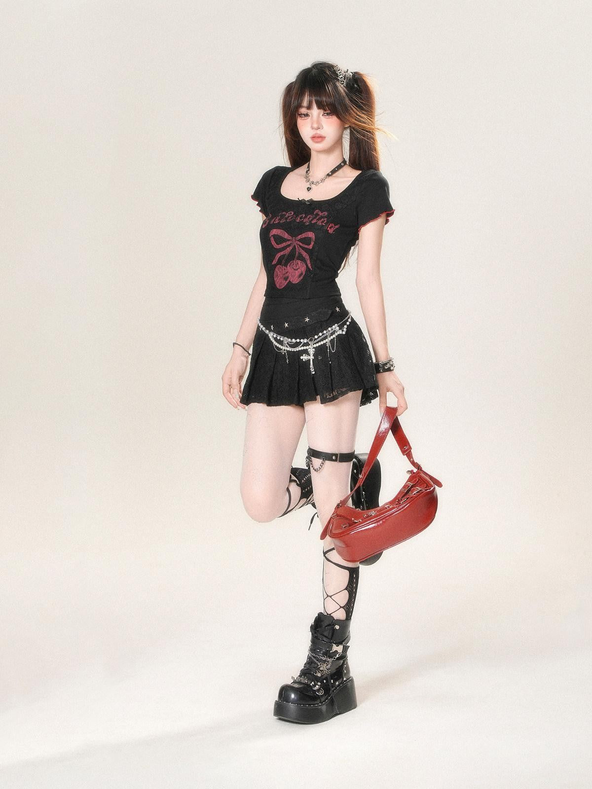 kelly kitty Cherry Print Slim Fit Straight Shoulder Short Sleeve Women&