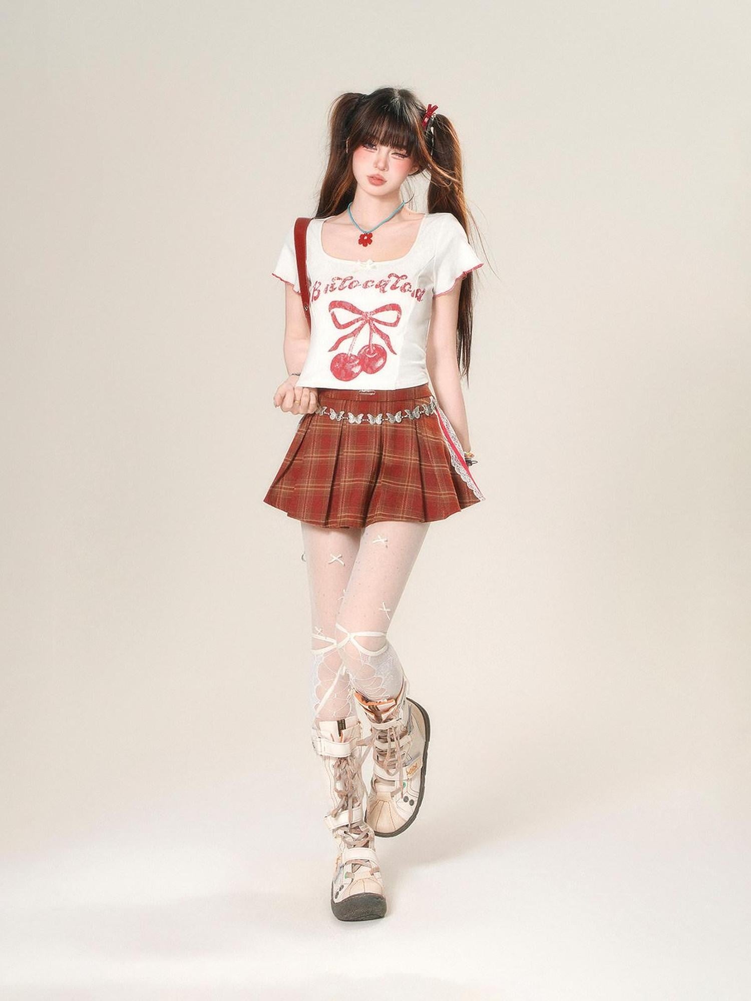 kelly kitty Cherry Print Slim Fit Straight Shoulder Short Sleeve Women&