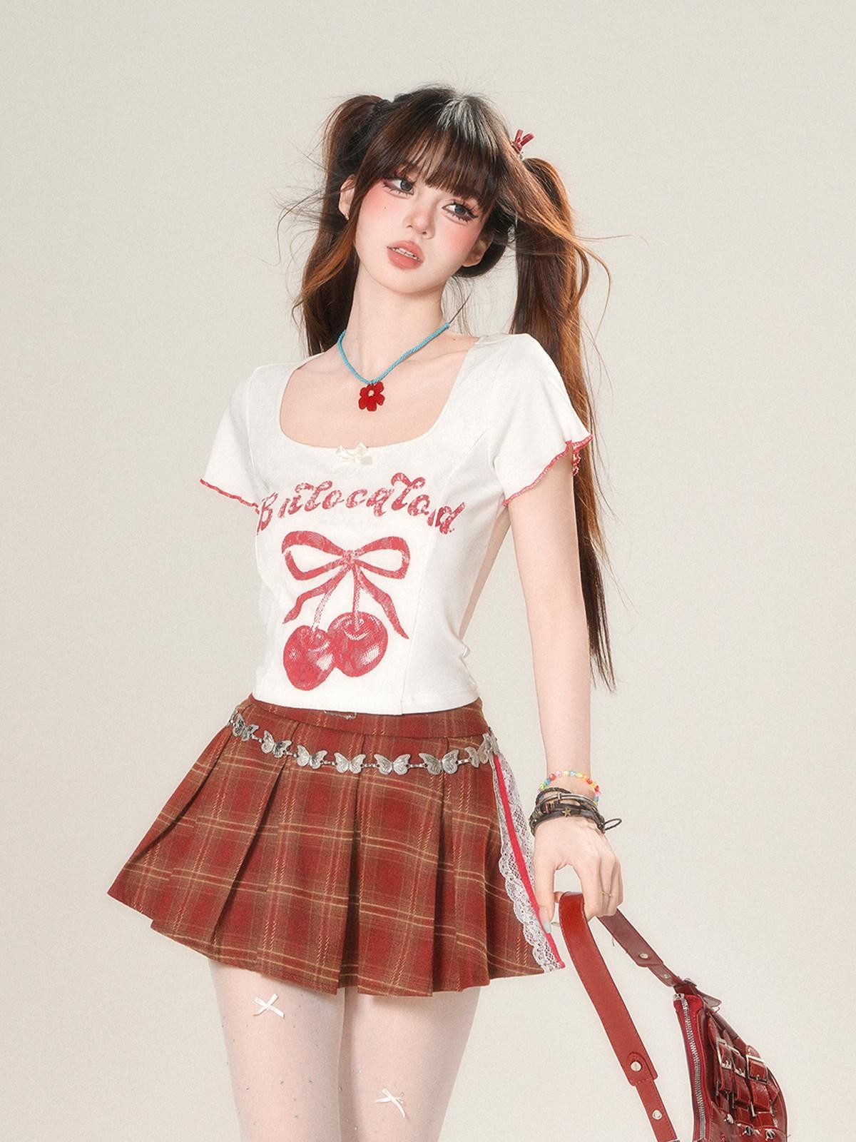kelly kitty Cherry Print Slim Fit Straight Shoulder Short Sleeve Women&