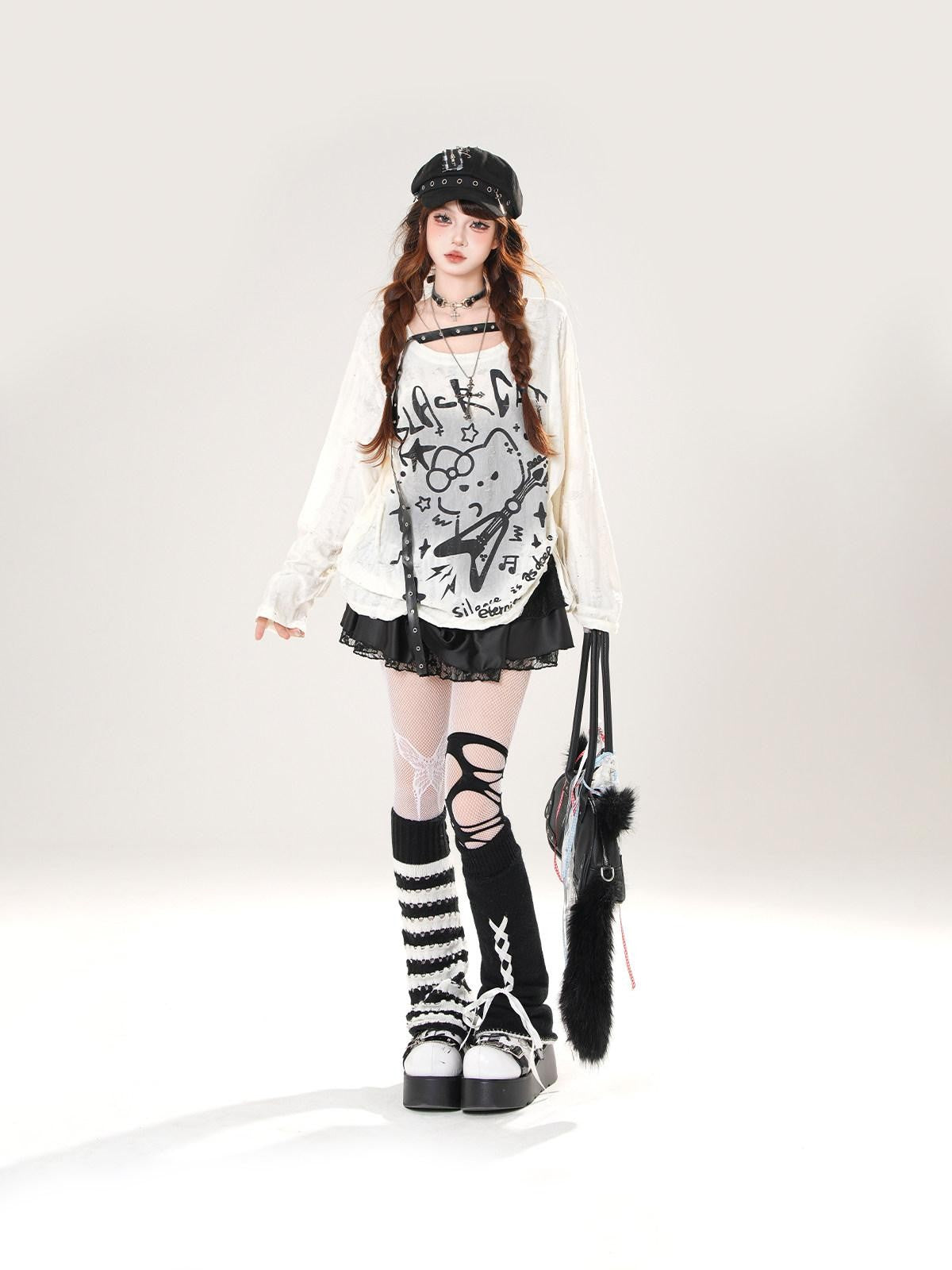kelly kitty Guitar Cat Cutout Drawstring Relaxed Women&