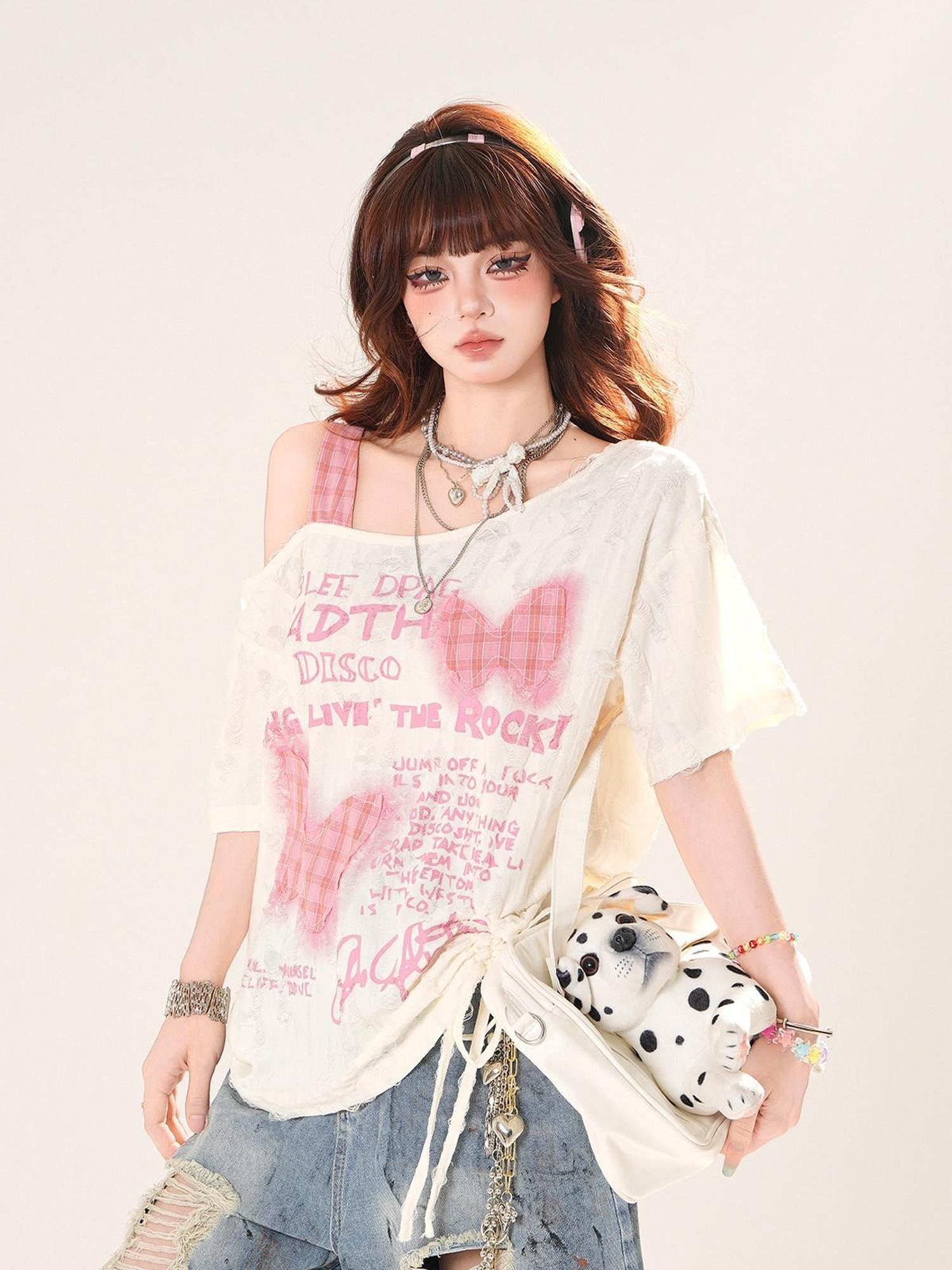 kelly kitty Peach Ruffle Distressed Asymmetrical Women&