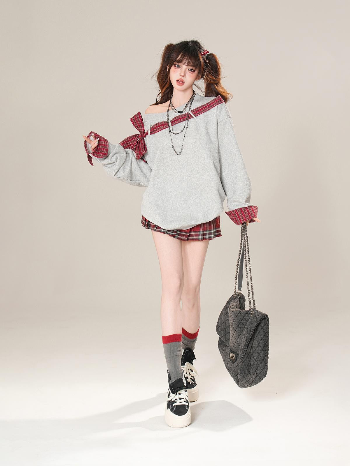 kelly kitty Plaid Embroidered High Waist Slim Pleated Women&