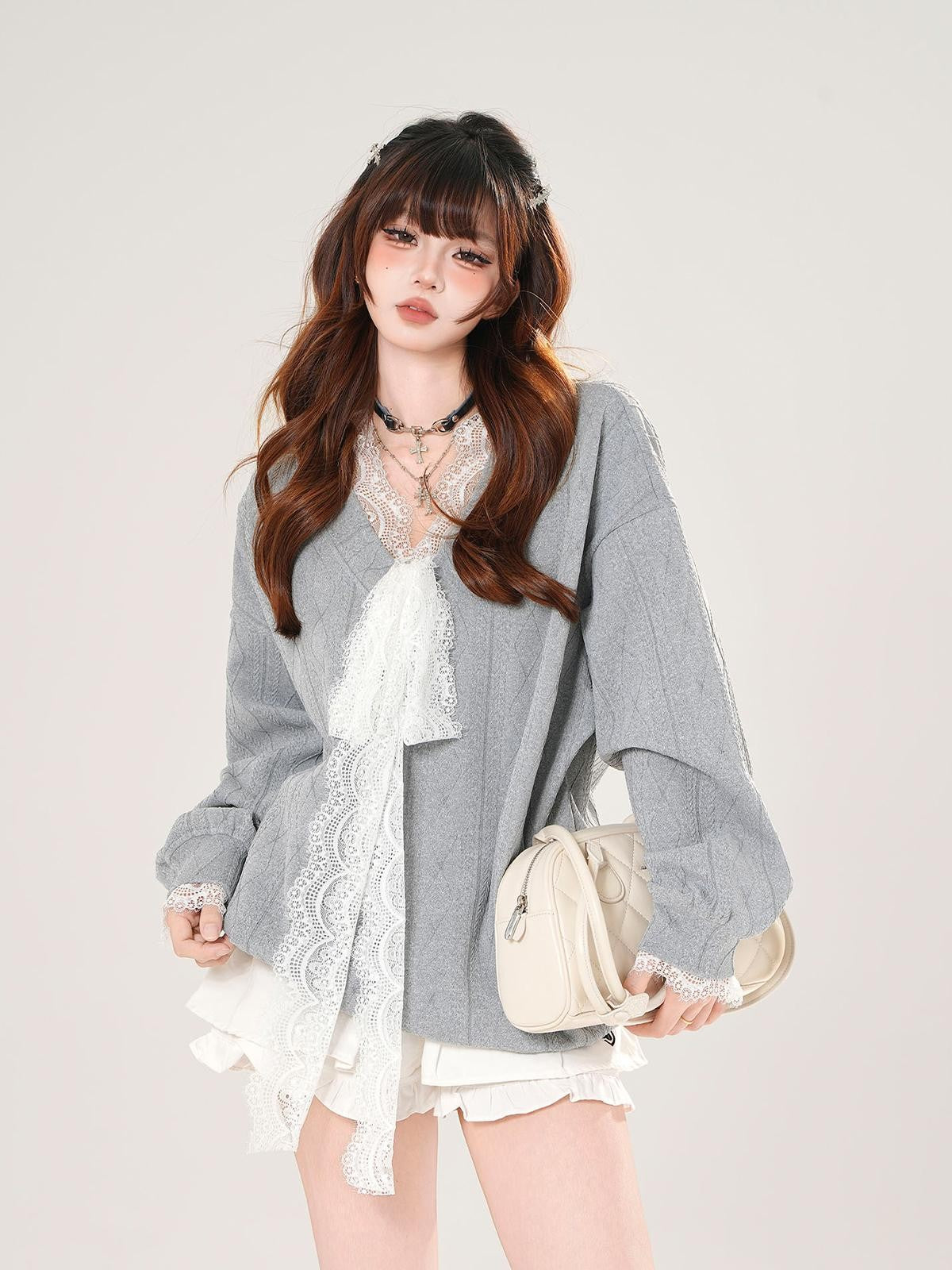 kelly kitty Relaxed Gray V-neck Oversized Commuter Women&