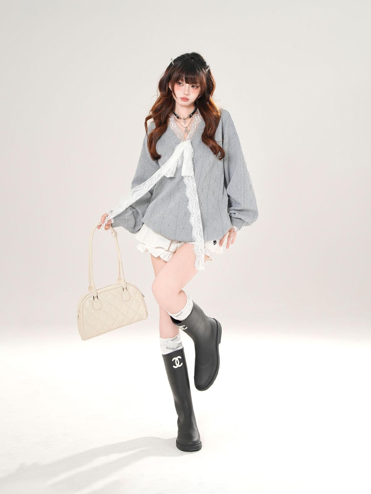 kelly kitty Relaxed Gray V-neck Oversized Commuter Women&