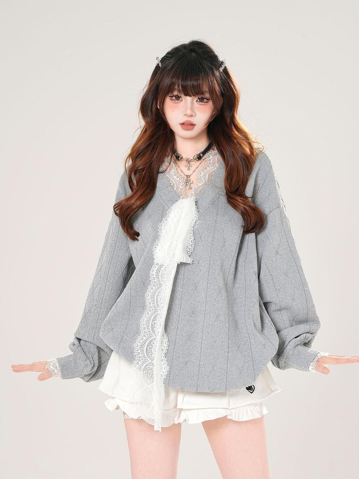 kelly kitty Relaxed Gray V-neck Oversized Commuter Women&