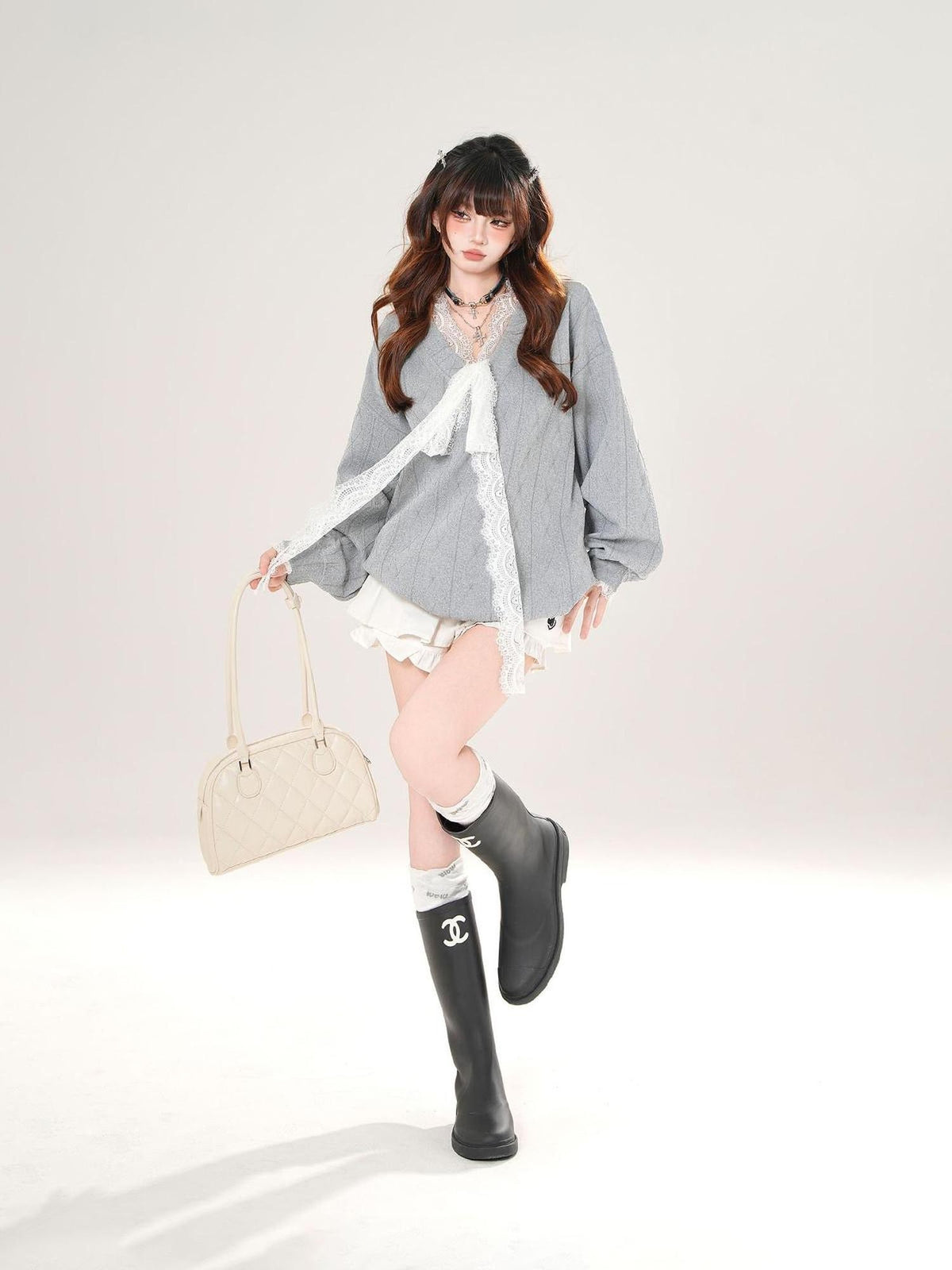 kelly kitty Relaxed Gray V-neck Oversized Commuter Women&