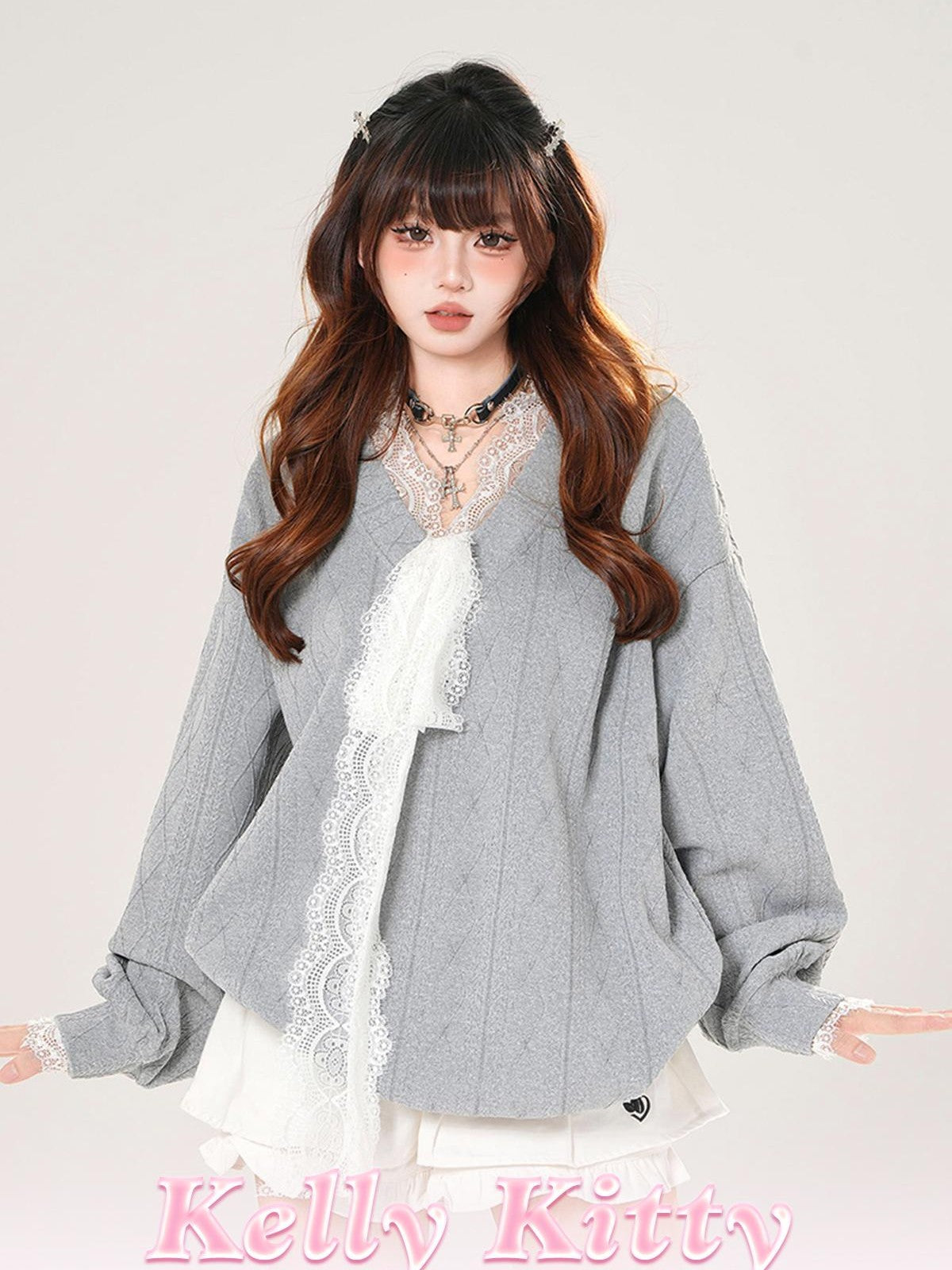 kelly kitty Relaxed Gray V-neck Oversized Commuter Women&