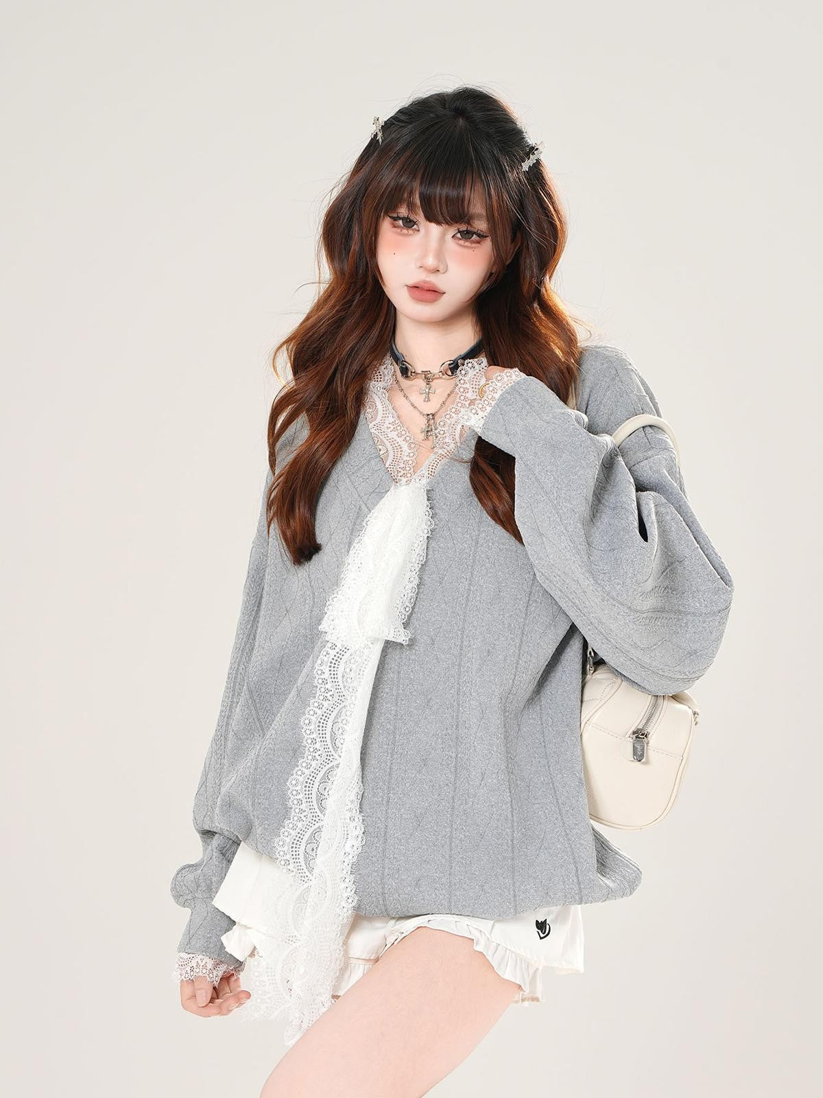 kelly kitty Relaxed Gray V-neck Oversized Commuter Women&