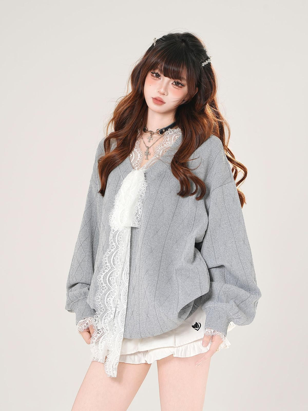 kelly kitty Relaxed Gray V-neck Oversized Commuter Women&