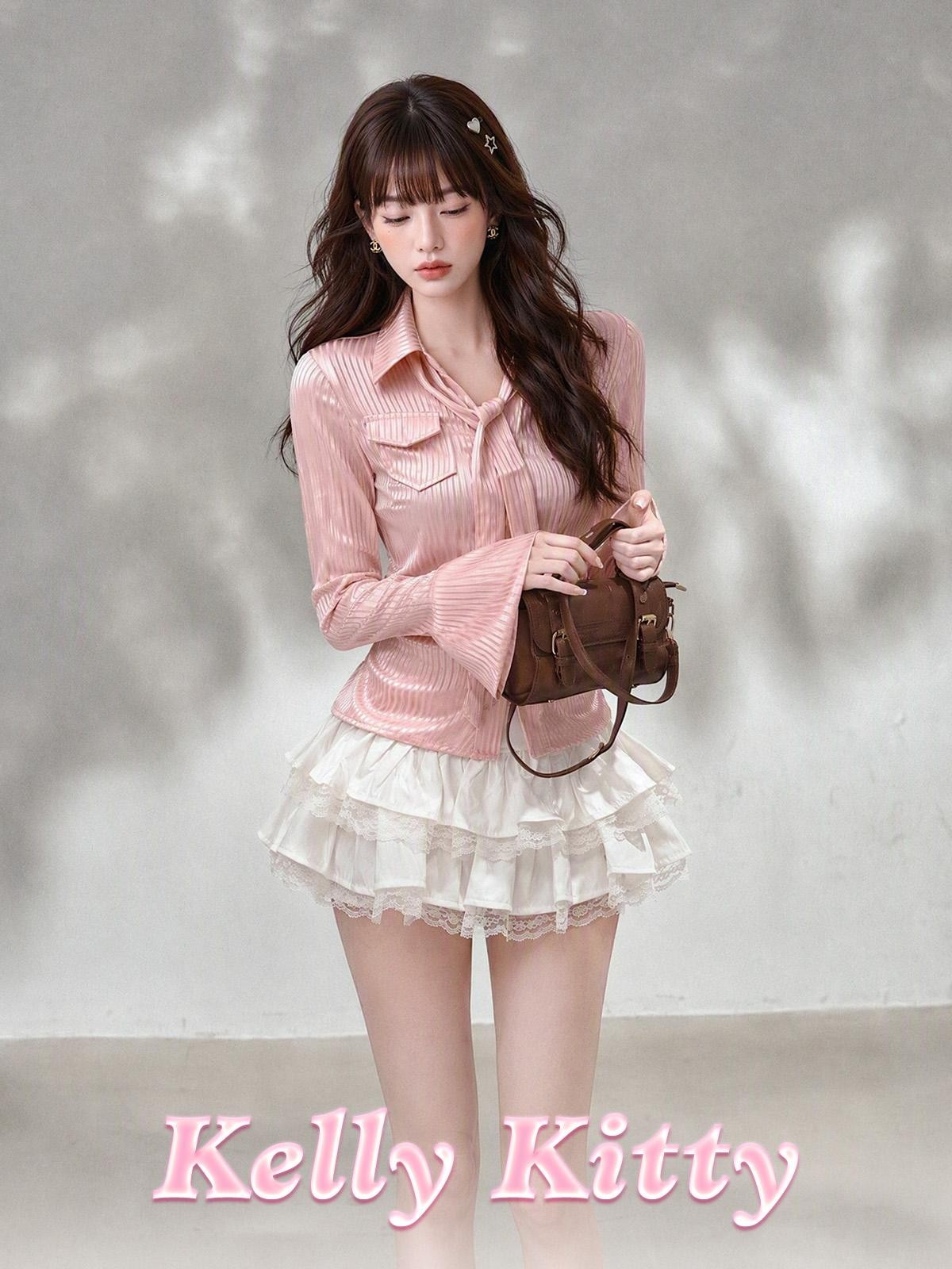 kelly kitty Striped Satin Polo Collar Bell Sleeve Slim Women&