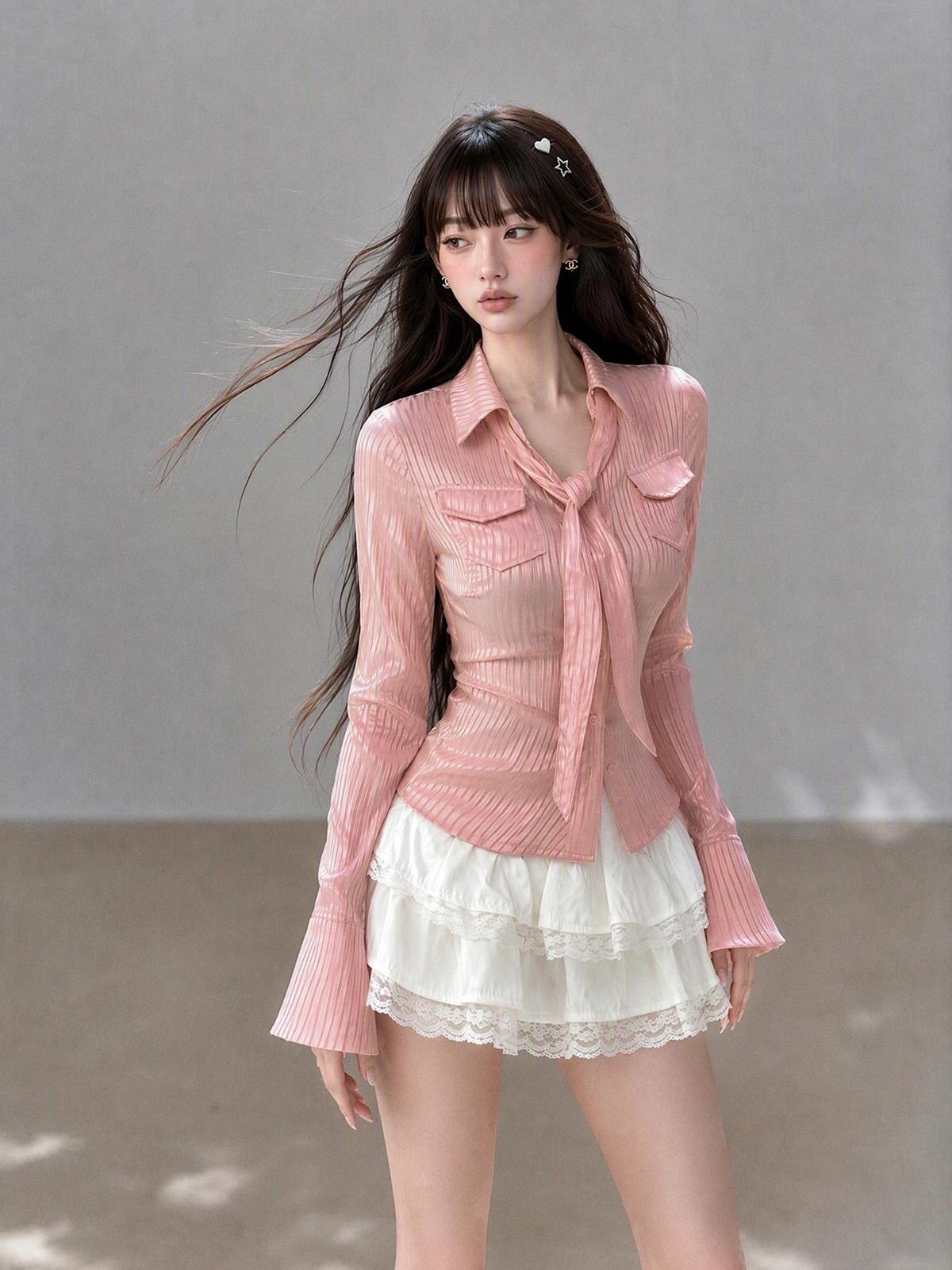 kelly kitty Striped Satin Polo Collar Bell Sleeve Slim Women&