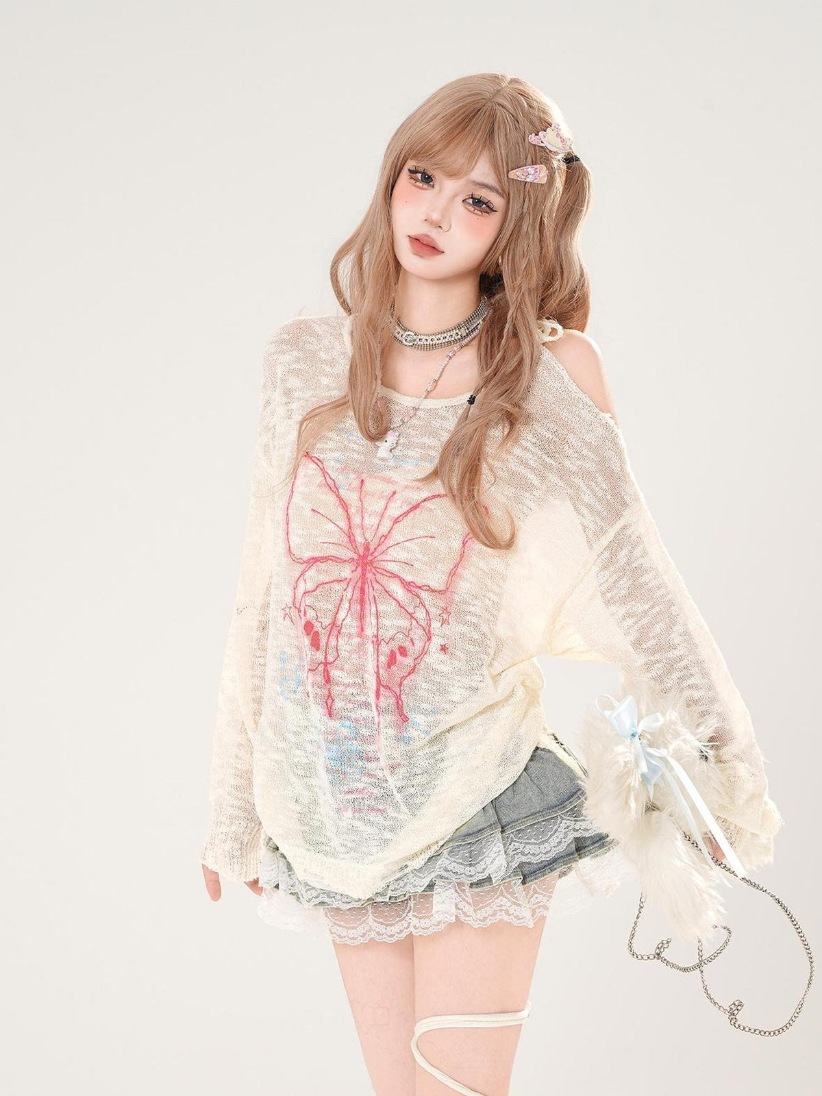 kelly kitty Sweet Tassel Openwork Knit Animal Print Women&