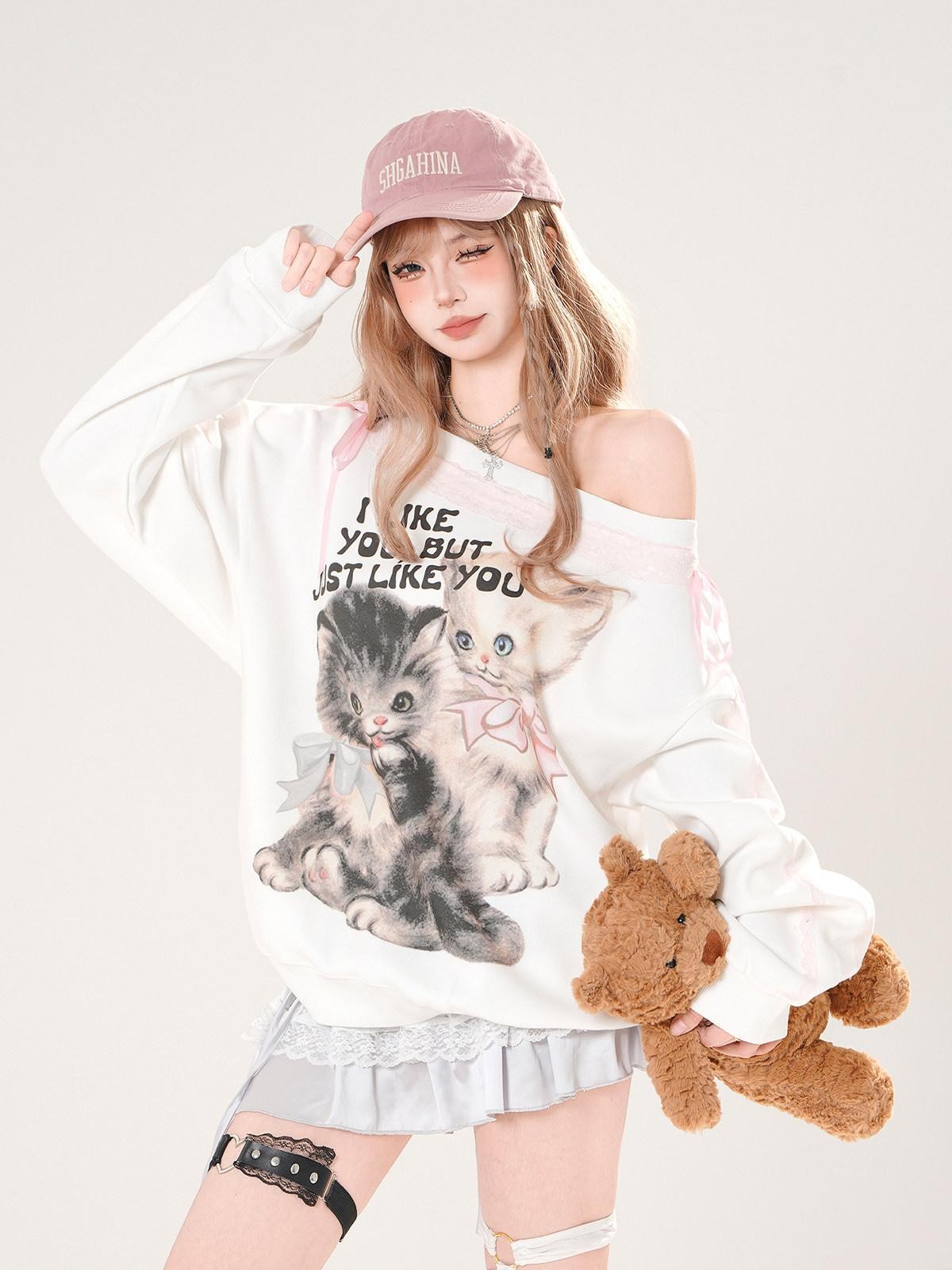 kelly kitty White Lace Kitten Asymmetrical Shoulder Loose Slimming Women&