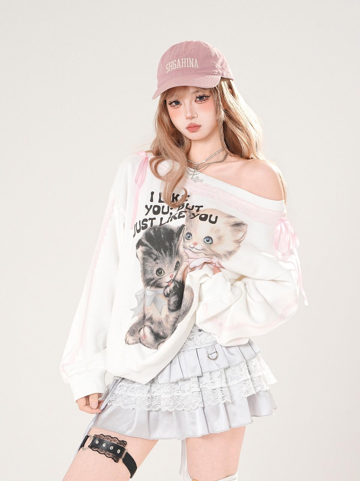kelly kitty White Lace Kitten Asymmetrical Shoulder Loose Slimming Women&