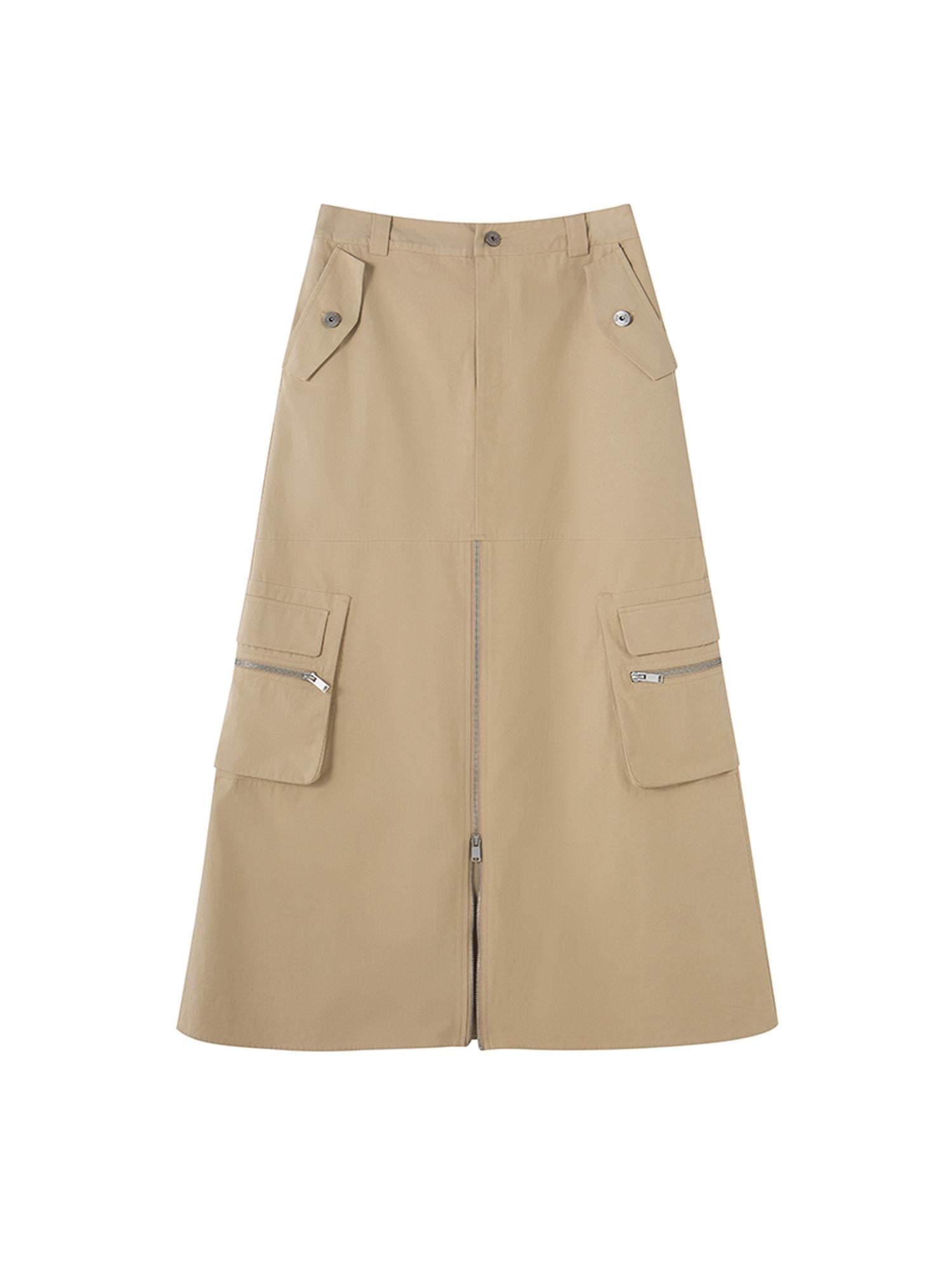 DIDDI MODA Vintage Utility Midi Skirt With Metal Zipper And Pockets