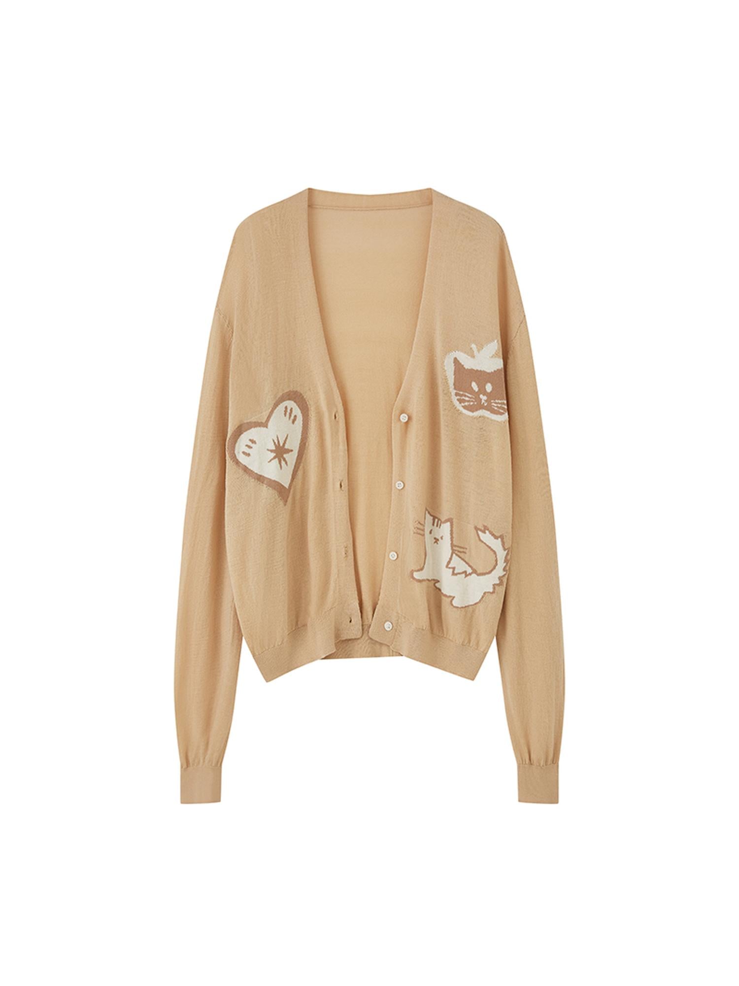 DIDDI MODA Apple Cat Print Lightweight Knit Cardigan