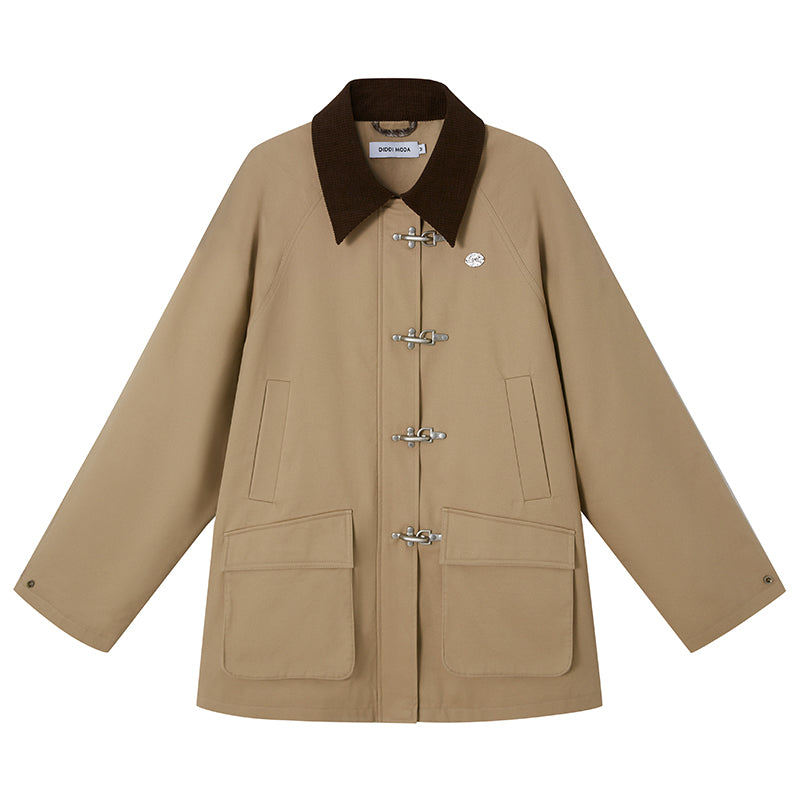 DIDDI MODA Foldable Cuff Metal Button Trench Coat With Corduroy Panels