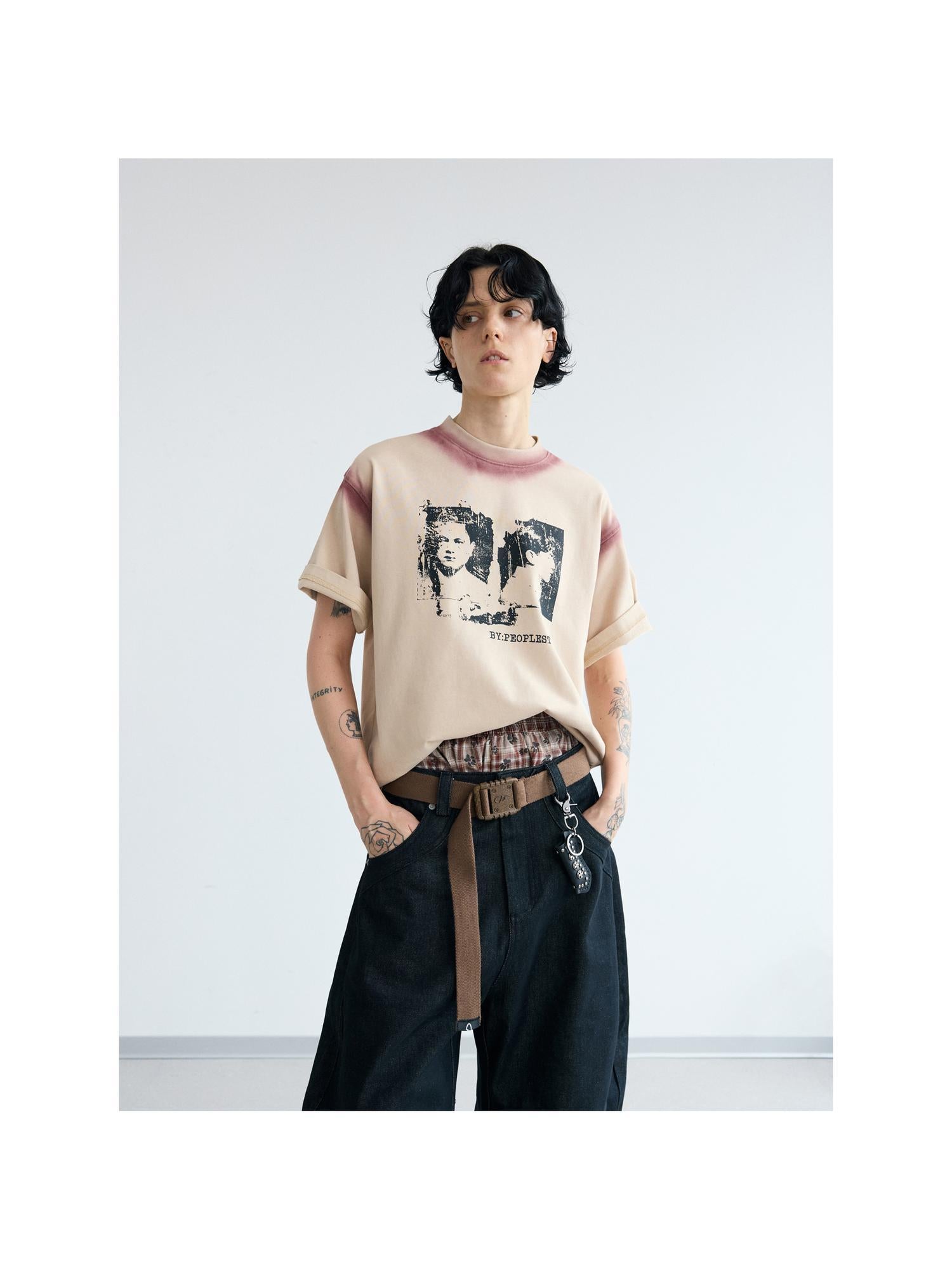 Peoplesense Hand Painted Contrast Patchwork Retro T Shirt