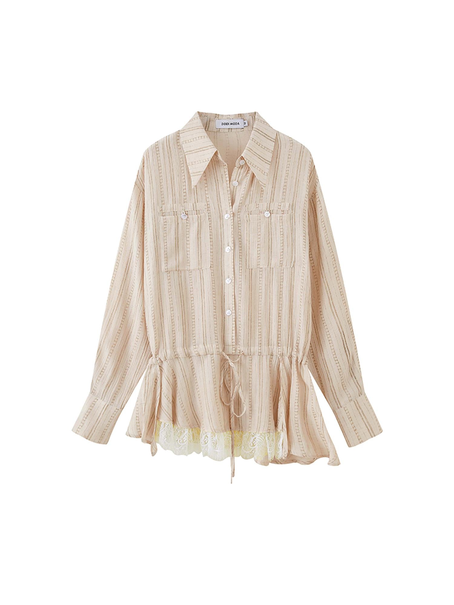 DIDDI MODA Vintage Lace Hem Drawstring Shirt Relaxed Fit