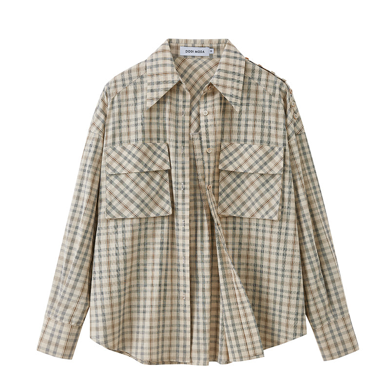 DIDDI MODA Oversized Checkered Off Shoulder Shirt With Layered Pockets
