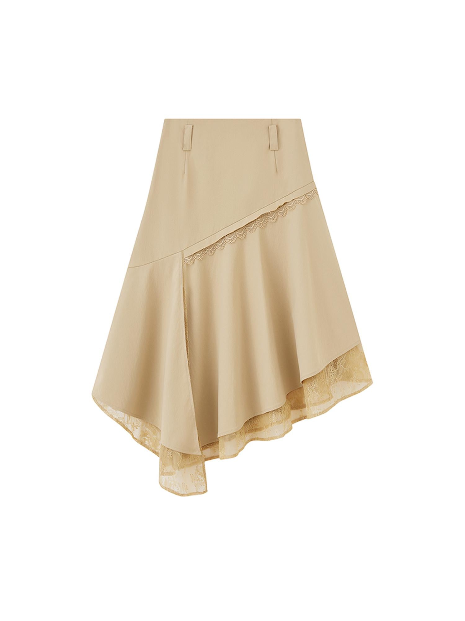 DIDDI MODA Lace Trimmed Asymmetrical Slit Skirt With Layered Hem