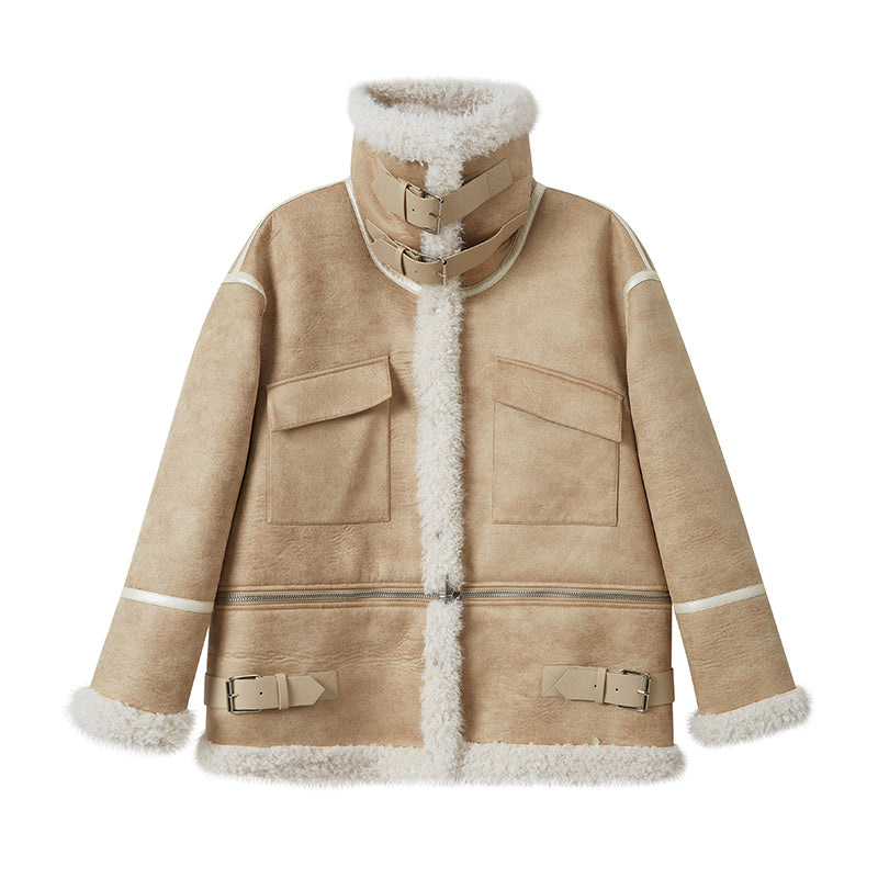 DIDDI MODA Detachable Reversible Faux Leather Shearling Coat With Oversized Collar