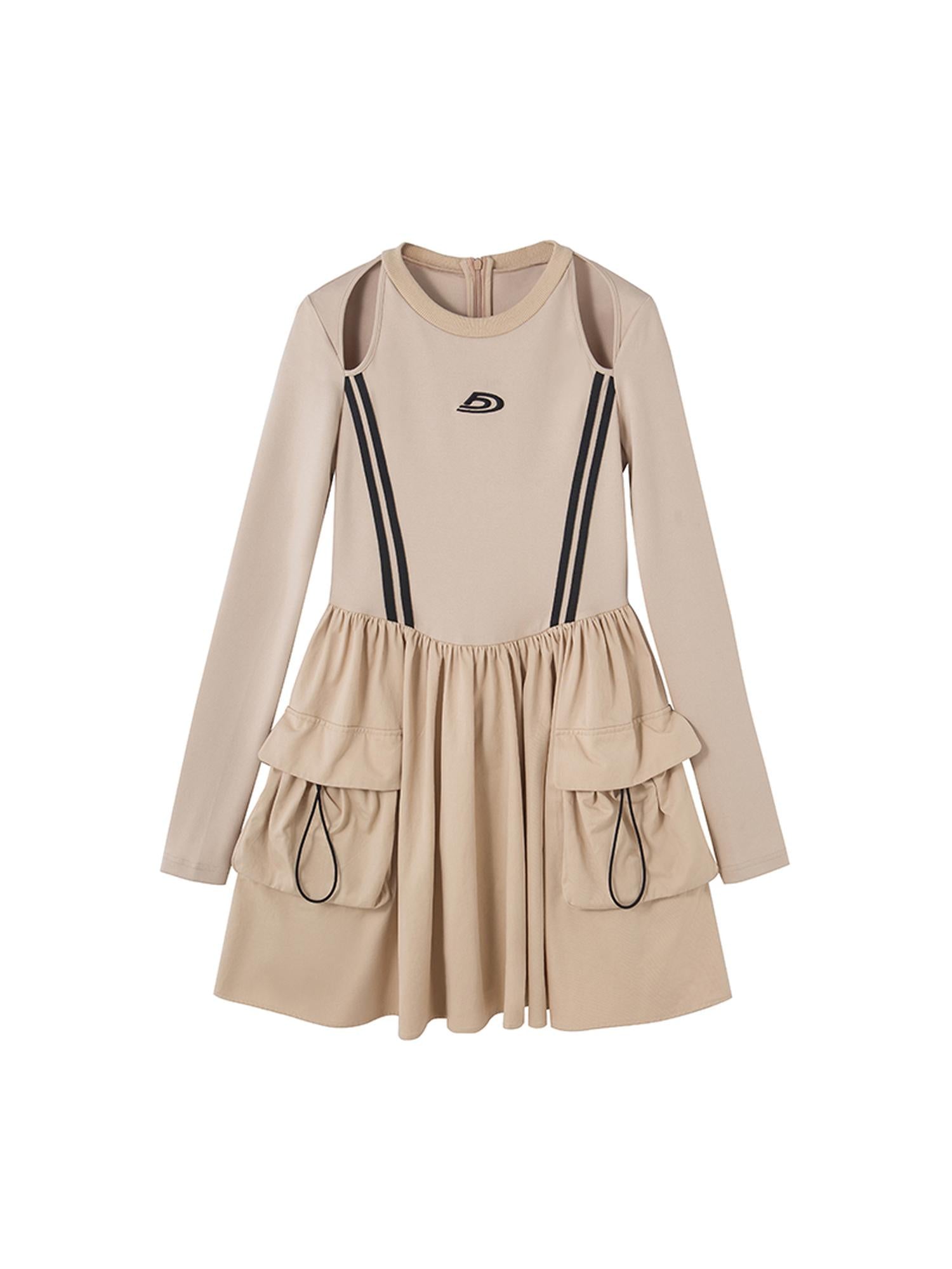 DIDDI MODA Retro Khaki A Line Embroidery Cutout Pocket Dress Sporty Chic