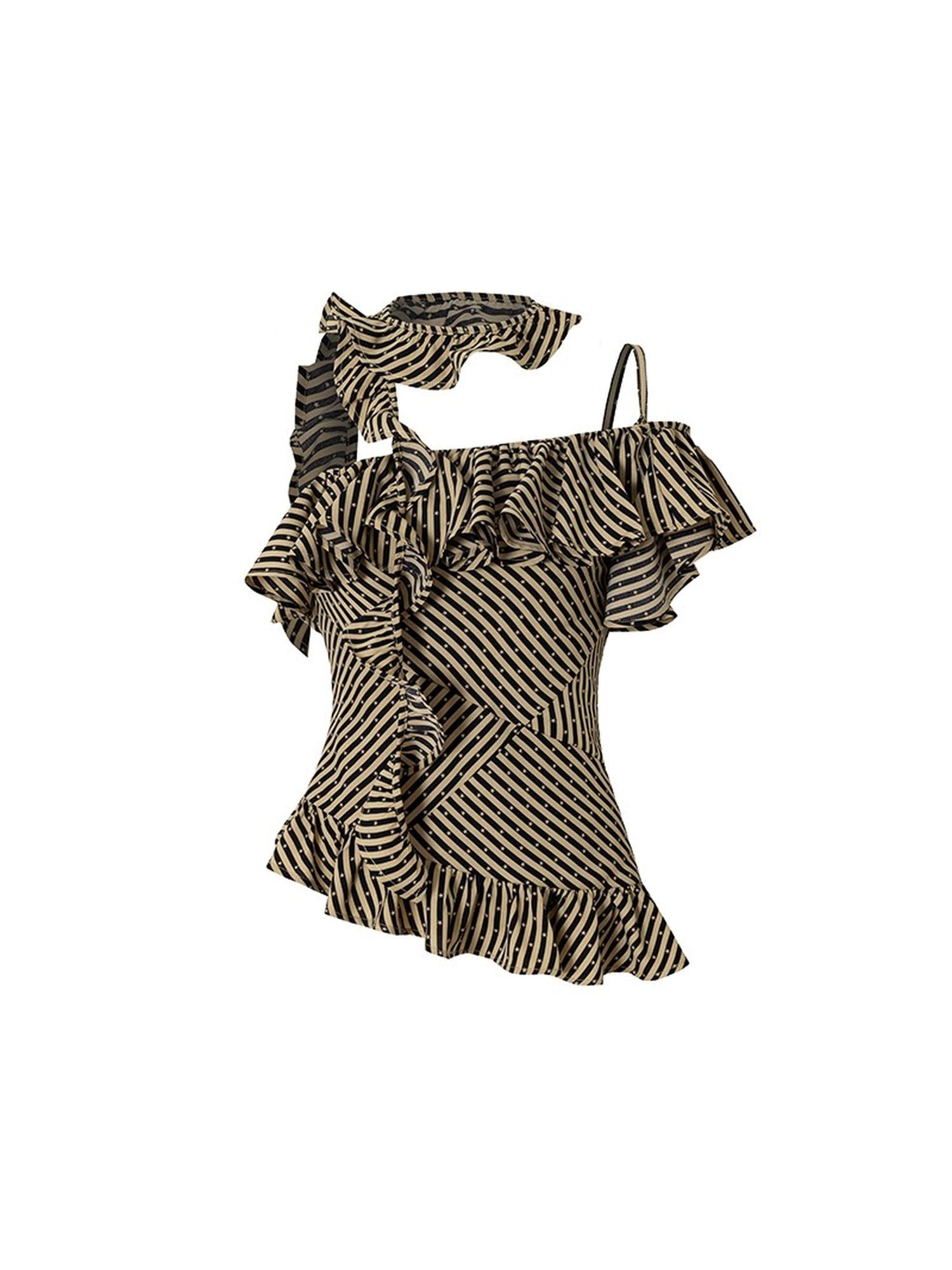NO ROMANCE Punk Striped Asymmetrical Off-Shoulder Lace Trim Vest Top