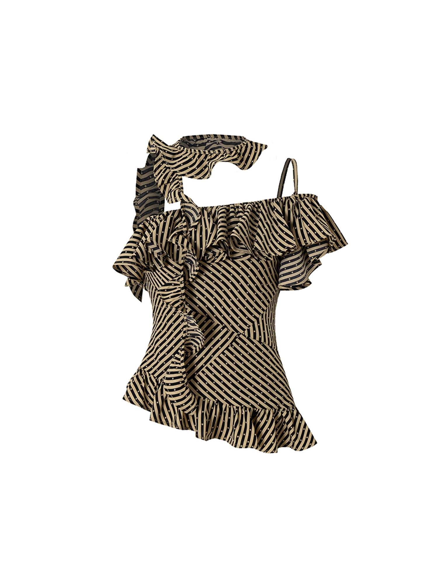 NO ROMANCE Punk Striped Asymmetrical Off-Shoulder Lace Trim Vest Top